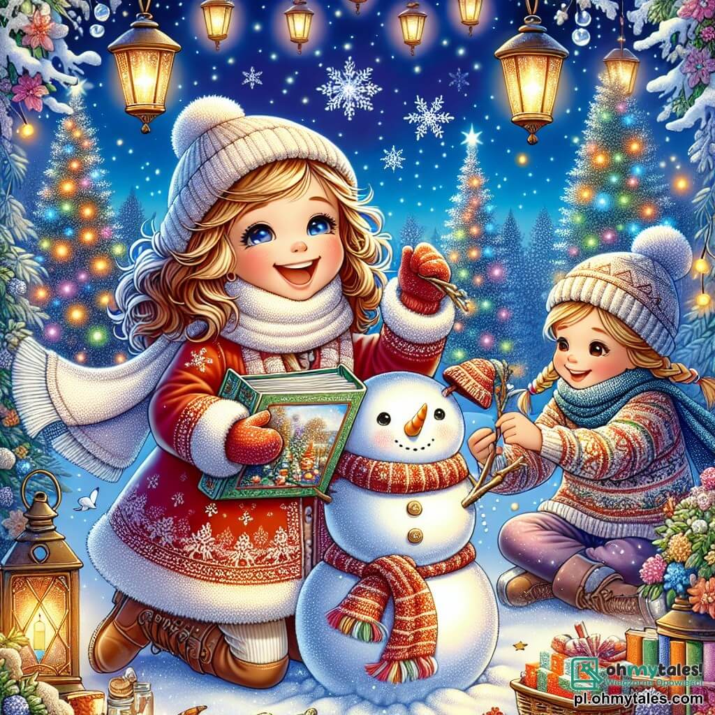 Une illustration sous forme de dessin destinée aux enfants représentant un charmant jardin d'hiver, recouvert de neige scintillante, où une fille de 11 ans aux cheveux bruns et bouclés, vêtue d'un manteau rouge et d'une écharpe blanche, sourit joyeusement en tenant un album photo coloré, tandis qu'à ses côtés, une autre fille aux cheveux blonds et tressés, habillée d'un pull en laine, l'aide à décorer un petit bonhomme de neige avec une écharpe, le tout sous un ciel étoilé illuminé par des lanternes festives, capturant l'esprit chaleureux et magique de Noël.
