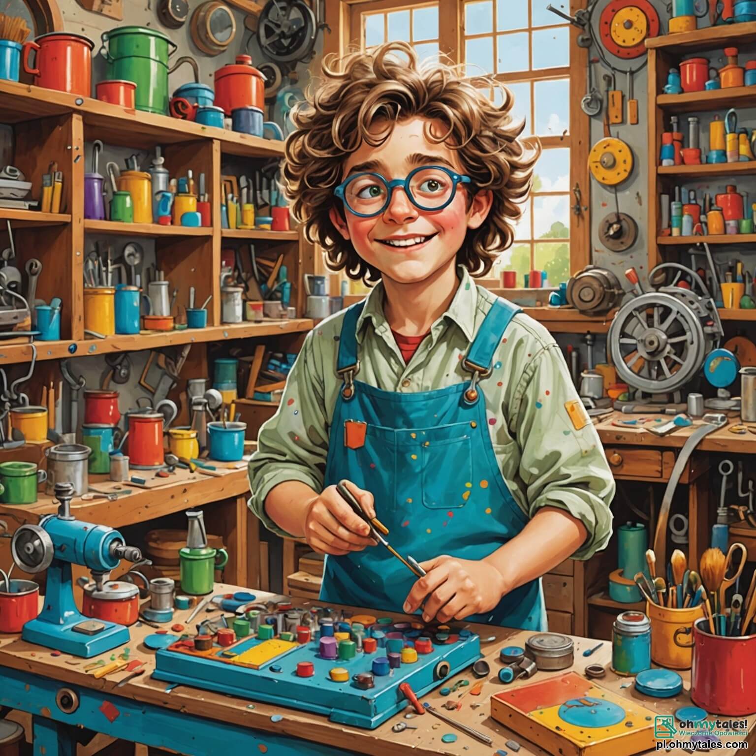 Une illustration destinée aux enfants représentant un homme aux cheveux ébouriffés et aux lunettes rondes, vêtu d'une blouse tachée de peinture et de graisse, entouré de machines colorées et farfelues dans son atelier lumineux, où des éclats de rire d'enfants résonnent, tandis qu'une fille pétillante aux yeux brillants et un garçon curieux aux joues roses l'observent avec émerveillement, alors qu'ils s'apprêtent à découvrir les merveilles de la créativité et de l'invention dans ce monde magique rempli de gadgets scintillants et de matériaux hétéroclites, où chaque coin déborde d'idées et de promesses d'aventures.