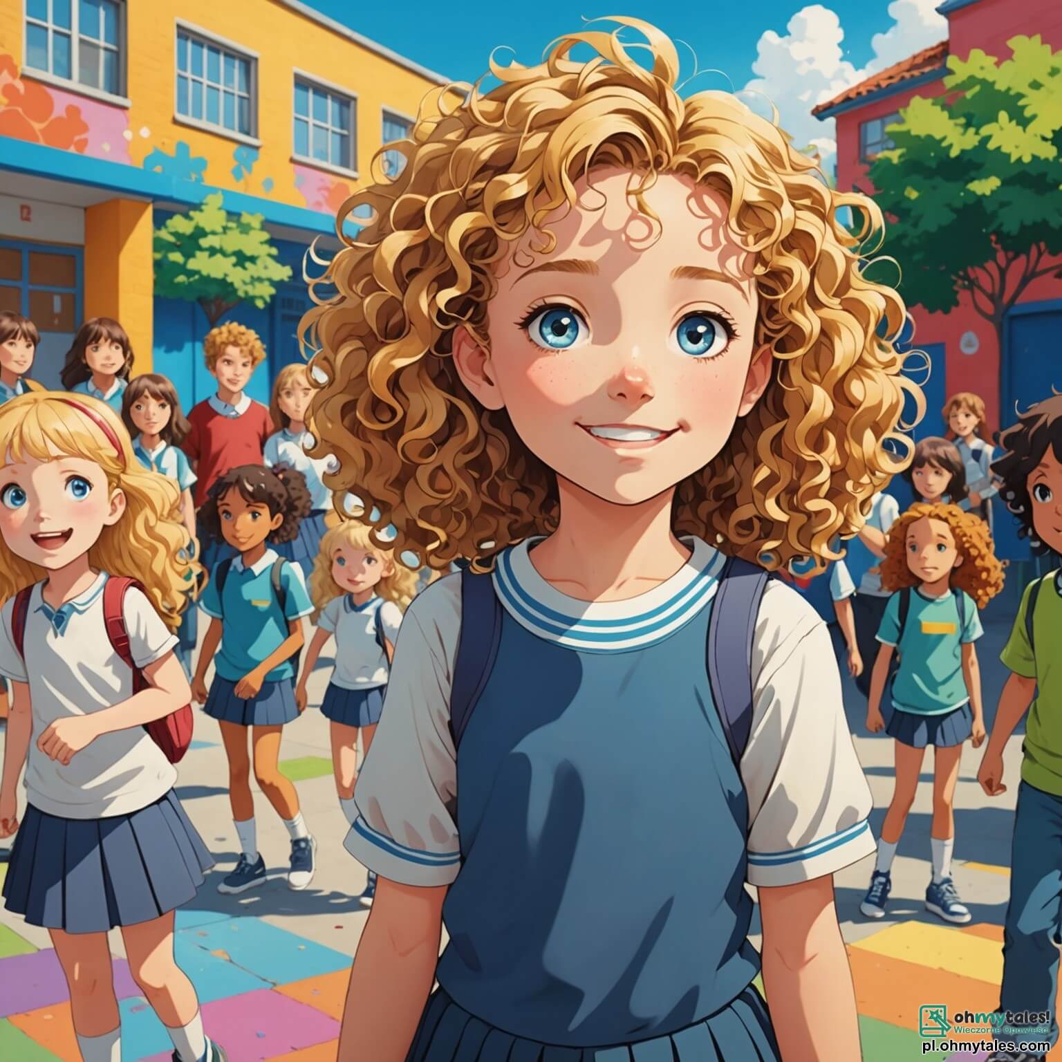 Une illustration destinée aux enfants représentant une fille de 10 ans, avec des cheveux bouclés et une peau dorée, se tenant au milieu d'une cour d'école colorée, où les murs sont peints de fresques joyeuses et les rires des enfants résonnent comme une mélodie, tandis qu'elle fait face à un groupe de camarades, dont une fille aux cheveux blonds et aux yeux bleus, qui la regarde avec méfiance, et un garçon aux cheveux bruns et aux lunettes, qui semble hésitant, alors que la fille de 10 ans, bien que remplie d'espoir et de créativité, ressent le poids des regards critiques et des murmures qui l'entourent, illustrant ainsi la lutte contre le racisme et l'importance de l'acceptation dans un monde où les différences devraient être célébrées plutôt que rejetées.