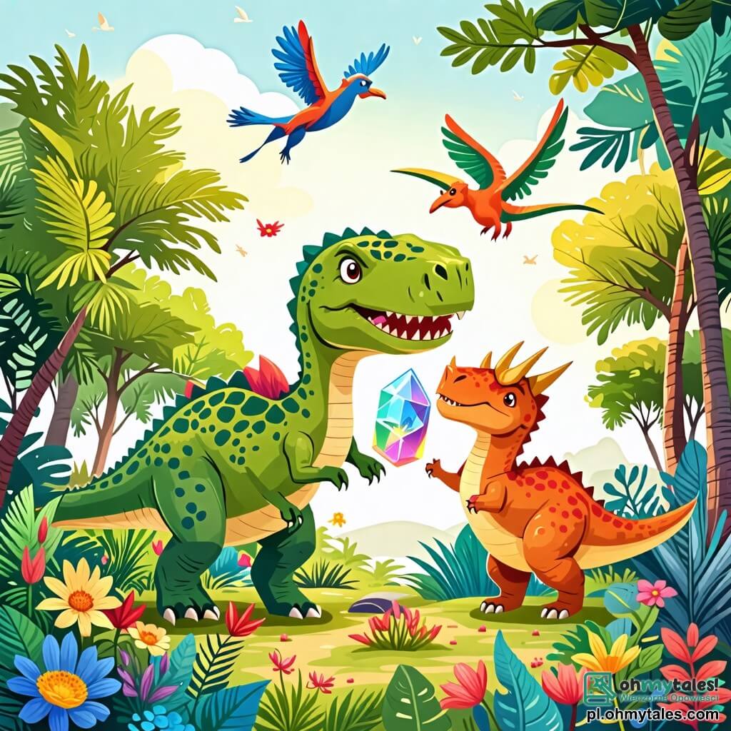 Une illustration sous forme de dessin destinée aux enfants représentant une vaste et verdoyante plaine préhistorique baignée par un doux soleil, avec un grand Tyrannosaure Rex au corps musclé et aux écailles vertes, qui sourit joyeusement en tenant un magnifique et coloré cristal brillant dans ses petites pattes avant, tandis qu'une petite Triceratops aux cornes délicates et un pterodactyle aux ailes déployées volent autour de lui, tous trois célébrant leur amitié et leur découverte d'un trésor caché au milieu des fleurs colorées et des grands arbres.