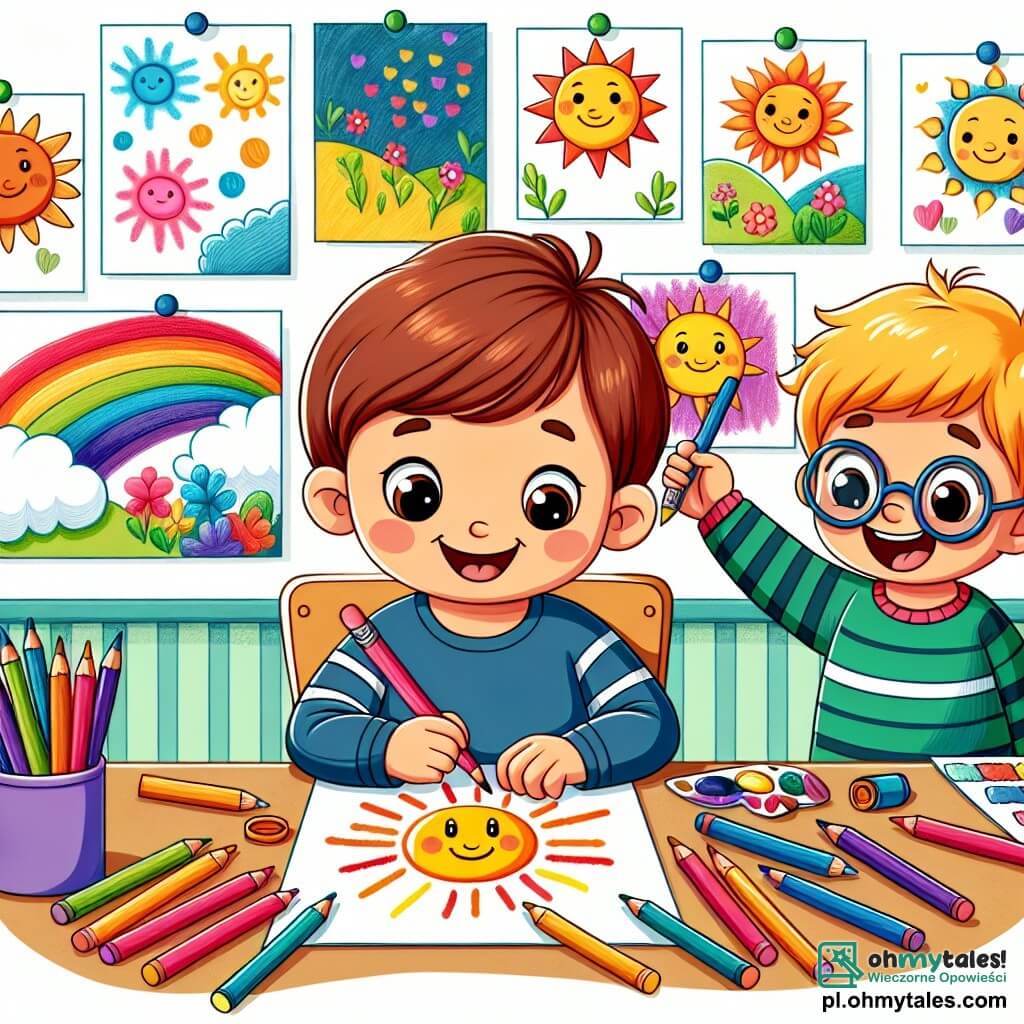 Une illustration sous forme de dessin destinée aux enfants représentant une salle de classe colorée avec des murs décorés de dessins d'enfants, où un garçon de 3 ans aux cheveux châtains et aux yeux pétillants, concentré et souriant, est assis à une table en train de peindre un grand soleil avec des couleurs vives, tandis qu'à côté de lui, un autre garçon de 3 ans aux cheveux blonds et aux lunettes rondes l'encourage avec enthousiasme, tous deux entourés de crayons, de pinceaux et de feuilles de papier, illustrant le thème de l'amitié et de la créativité à l'école.