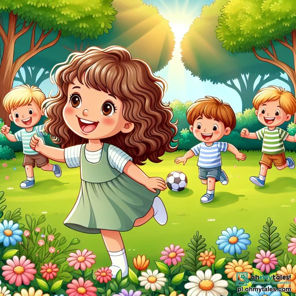 Une illustration sous forme de dessin destinée aux enfants représentant un parc ensoleillé avec des arbres verdoyants et des fleurs colorées, où une jeune fille aux cheveux bruns et bouclés, vêtue d'une robe légère, sourit joyeusement en jouant à la balle avec ses amis, dont un garçon aux cheveux blonds et un autre aux cheveux châtains, tous deux riant et s'amusant ensemble, symbolisant l'importance de l'amitié et de la solidarité dans les moments difficiles, tout en évoquant les souvenirs d'un grand-père courageux qui a vécu des temps de guerre.