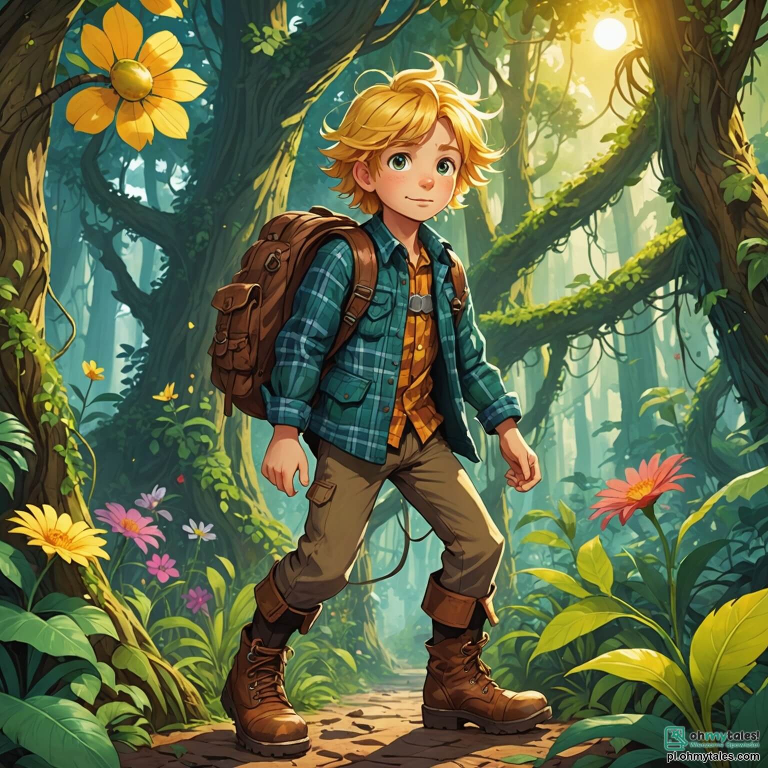 Une illustration destinée aux enfants représentant une intrépide exploratrice aux cheveux dorés flottant au vent, vêtue d'une chemise à carreaux et de robustes bottes en cuir, se tenant avec détermination au bord d'une mystérieuse jungle luxuriante, où des lianes serpentent autour des troncs d'arbres géants, des fleurs éclatantes aux couleurs vives s'épanouissent sous un soleil éclatant, tandis qu'un jeune garçon aux yeux pétillants, son meilleur ami, l'accompagne avec un sourire plein d'enthousiasme, et un sage guide, un homme âgé à la barbe blanche et au chapeau de paille, les observe avec bienveillance, prêt à les aider à découvrir les secrets cachés de ce monde sauvage et enchanteur.