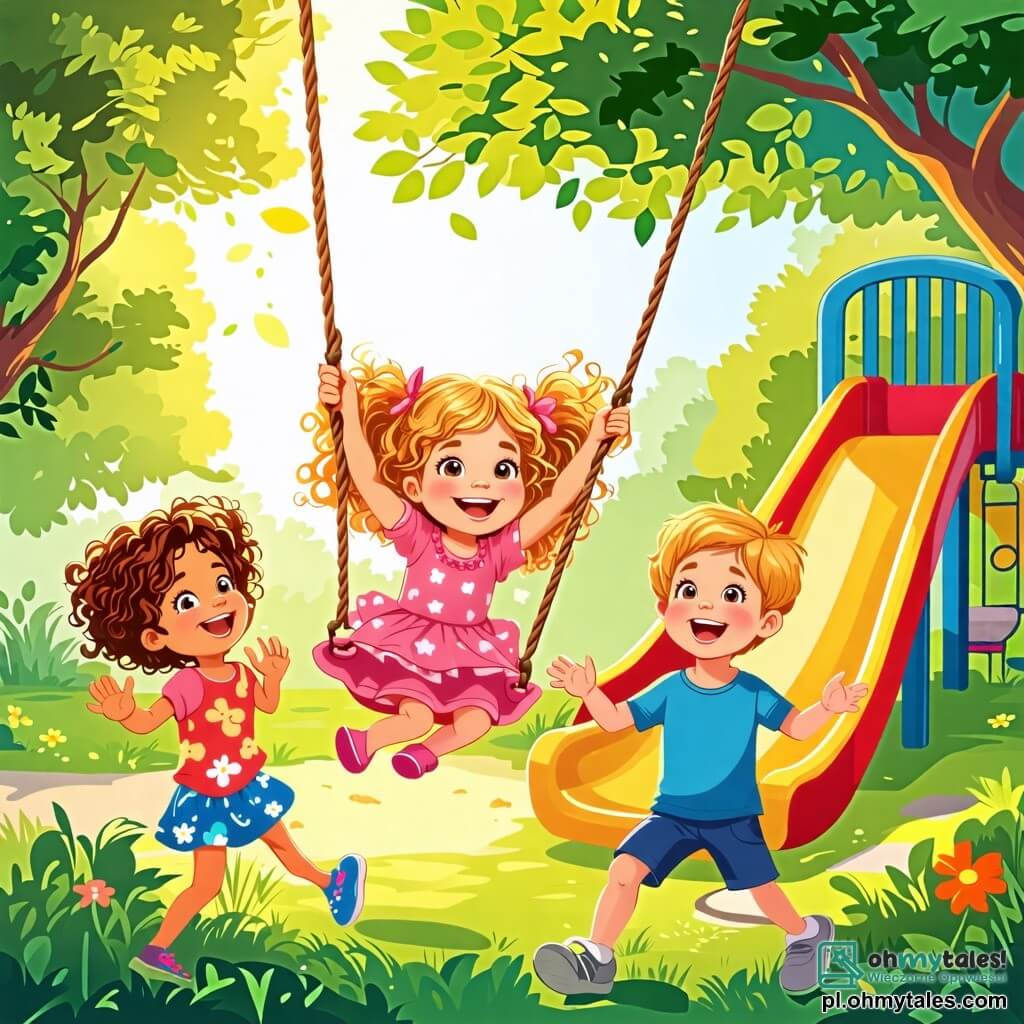 Une illustration sous forme de dessin destinée aux enfants représentant un joyeux parc ensoleillé avec des arbres verdoyants et un toboggan coloré, où une petite fille de 2 ans aux cheveux bouclés et aux yeux pétillants, vêtue d'une robe rose, se balance sur une huśtawka, entourée de deux amis : un garçon de 3 ans aux cheveux blonds et un t-shirt bleu, qui rit en poussant la balançoire, et une petite fille de 4 ans avec des tresses et une robe à fleurs, qui applaudit joyeusement, illustrant ainsi le thème de l'amitié et du bonheur partagé.