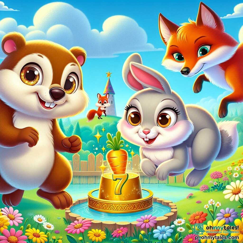 Une illustration sous forme de dessin destinée aux enfants représentant une charmante prairie colorée de Zimowa Dolina, où une marmotte à la fourrure brune et aux yeux pétillants, enjouée et curieuse, saute joyeusement aux côtés d'un petit lapin au pelage blanc et aux grandes oreilles, tandis qu'un rusé renard aux yeux malicieux les observe de loin, alors qu'ils cherchent ensemble une mystérieuse carotte dorée qui exauce les vœux, entourés de fleurs éclatantes et d'un ciel bleu ensoleillé.