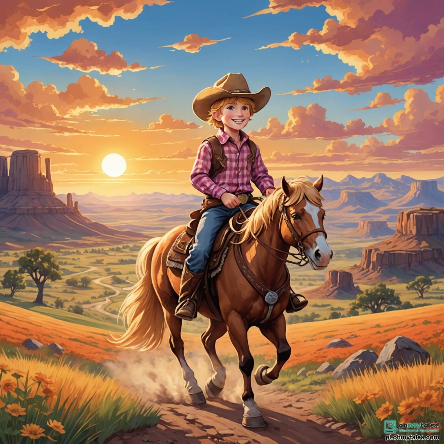 Une illustration destinée aux enfants représentant un jeune garçon au sourire éclatant et aux cheveux dorés, vêtu d'un chapeau de cow-boy usé par le temps et d'une chemise à carreaux colorée, chevauchant son fidèle destrier au pelage brun, dans un vaste paysage de l'Ouest américain où le soleil couchant embrase le ciel de teintes orangées et roses, tandis qu'il se lance dans une quête audacieuse pour découvrir un trésor caché dans les montagnes, accompagné de son meilleur ami, un garçon intrépide aux yeux pétillants et à la curiosité débordante, tous deux évoluant dans le charmant mais mystérieux petit village de Gold Creek, entouré de prairies verdoyantes, de collines ondulantes et de majestueux cactus qui se dressent fièrement sous le regard bienveillant des étoiles scintillantes.