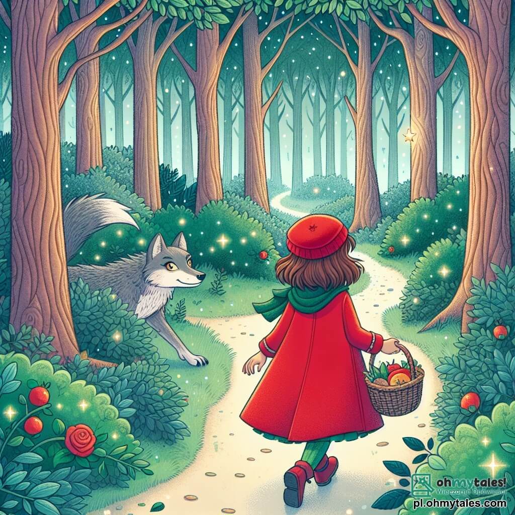 Une illustration sous forme de dessin destinée aux enfants représentant une forêt enchantée, avec des arbres majestueux aux feuilles scintillantes, où une jeune fille aux cheveux bruns, portant un manteau rouge vif et un panier rempli de douceurs, marche avec détermination sur un sentier sinueux, tandis qu'un loup aux yeux malicieux, à la fourrure grise et aux oreilles pointues, l'observe discrètement derrière un buisson, illustrant ainsi la rencontre inattendue entre l'innocence et le mystère.