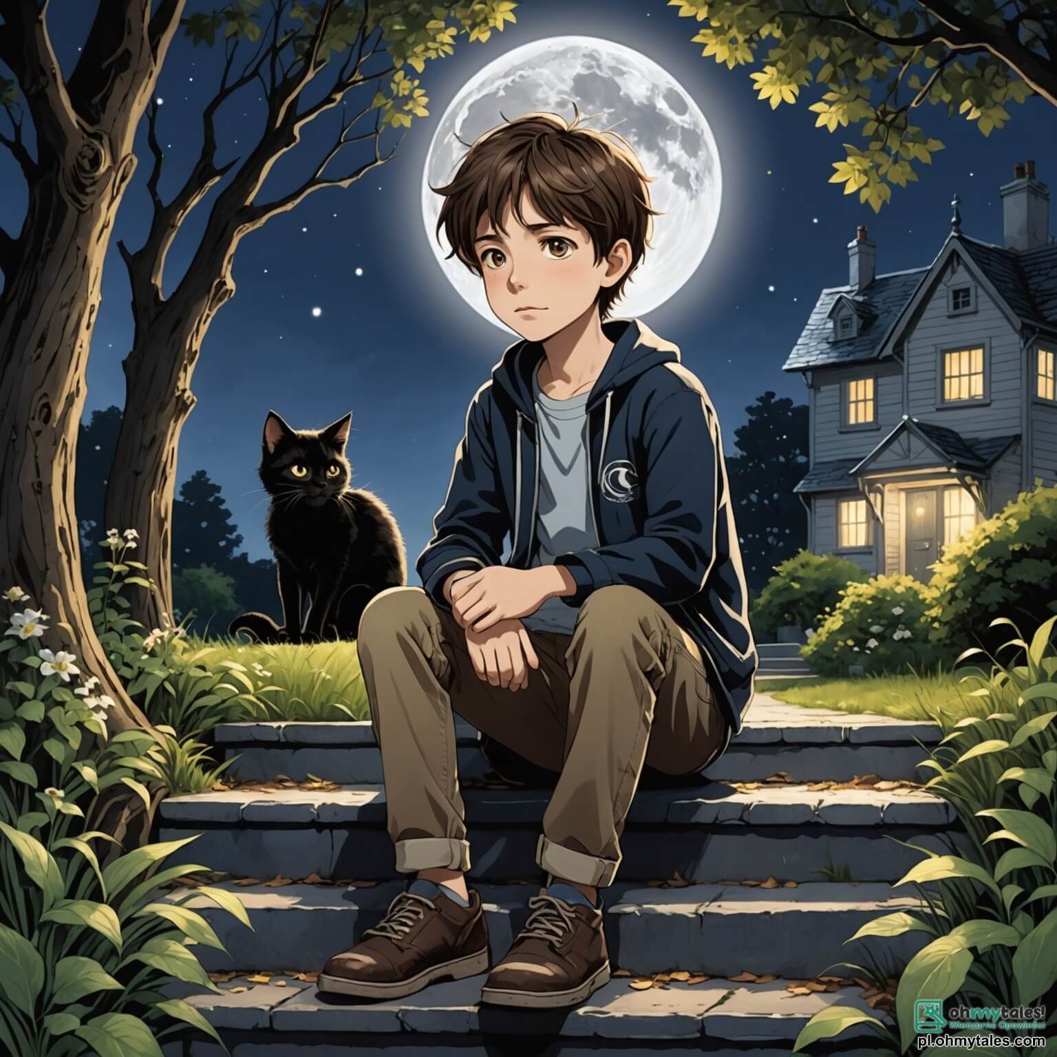 Une illustration destinée aux enfants représentant un jeune garçon aux yeux pétillants de curiosité, aux cheveux châtains en bataille, qui, assis sur les marches de son jardin baigné par la lumière argentée de la lune, ressent une peur sourde face à l'obscurité qui l'entoure, tandis que des ombres dansent furtivement entre les arbres aux branches noueuses, où se cachent un petit chat noir, complice silencieux de ses angoisses, et ses amis, une fille aux tresses dorées et un garçon à la casquette rouge, qui l'encouragent à surmonter sa peur du noir dans ce décor enchanteur d'un été étoilé, où les lucioles scintillent comme des étoiles tombées du ciel.