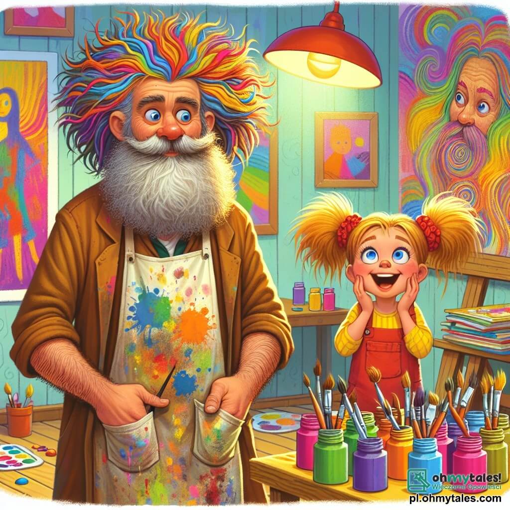 Une illustration destinée aux enfants représentant un homme à la chevelure flamboyante et à la barbe poivre et sel, vêtu d'une blouse éclaboussée de peinture, se tenant dans sa lumineuse et colorée atelier, où les murs sont ornés de toiles vibrantes et de pots de peinture aux teintes éclatantes, tandis qu'une fille aux yeux pétillants et aux couettes rebondissantes, pleine d'enthousiasme, observe avec admiration les merveilles artistiques qui l'entourent.