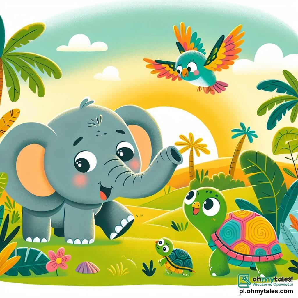 Une illustration sous forme de dessin destinée aux enfants représentant une scène vibrante de la dżungla tropicale, où un grand éléphant gris aux grandes oreilles et aux yeux pétillants, joyeusement en train de sauter sur la pelouse verte, est accompagné d'un petit tortue à la carapace colorée qui le regarde avec admiration, tandis qu'un oiseau aux plumes multicolores vole au-dessus d'eux, le tout baigné dans une lumière dorée du soleil couchant, symbolisant l'amitié et l'aventure dans leur quête pour atteindre la magique terre des couleurs.