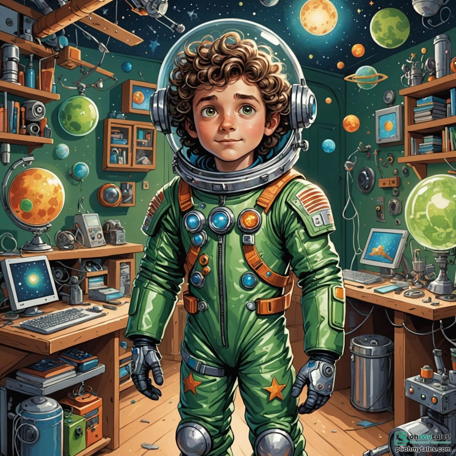 Une illustration destinée aux enfants représentant un homme au regard pétillant et à la chevelure ébouriffée, vêtu d'une combinaison spatiale scintillante ornée de motifs d'étoiles multicolores, se tenant dans son atelier rempli de gadgets étranges et de machines volantes, tandis qu'il se prépare à aider un petit extraterrestre vert aux yeux brillants et à la voix enjouée, qui vient de la planète Mleczna Kropka, à sauver sa planète d'une menace de robots malicieux, le tout se déroulant dans un univers fantastique où les galaxies tourbillonnent comme des tournesols géants et où des comètes aux couleurs vives dansent dans un ciel étoilé, illuminant les paysages de fleurs luminescentes et de forêts enchantées.