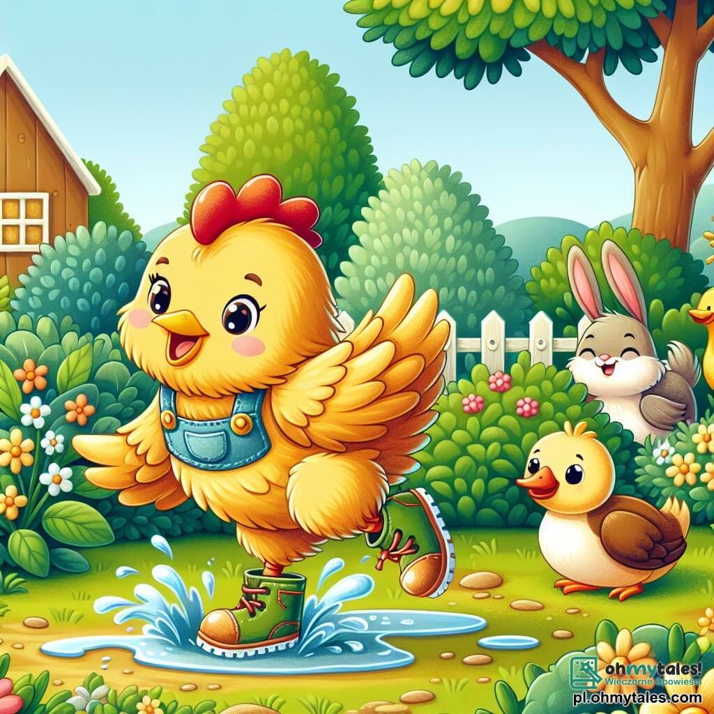 Une illustration sous forme de dessin destinée aux enfants représentant un charmant et verdoyant jardin de ferme, avec une poule aux plumes dorées et brillantes, portant des petites chaussures en paille, courant joyeusement dans une flaque d'eau, éclaboussant de l'eau autour d'elle, tandis qu'un groupe d'animaux curieux, dont un petit lapin aux grandes oreilles et une canne à l'air amusé, l'observent en riant, capturant l'esprit ludique et joyeux d'un grand jour de course entre amis.