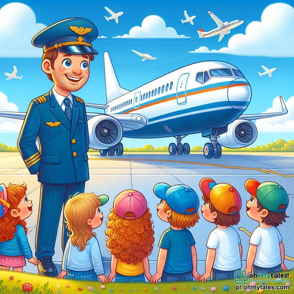 Une illustration sous forme de dessin destinée aux enfants représentant un aéroport ensoleillé avec un grand ciel bleu, où un homme pilote souriant, portant un uniforme bleu et une casquette, se tient à côté de son grand avion blanc appelé "Latający Ptak", tandis qu'un groupe de cinq enfants, trois filles aux cheveux bouclés et deux garçons aux casquettes colorées, l'observe avec des yeux émerveillés, prêts à embarquer pour leur première aventure en avion, illustrant l'excitation et la magie du vol.