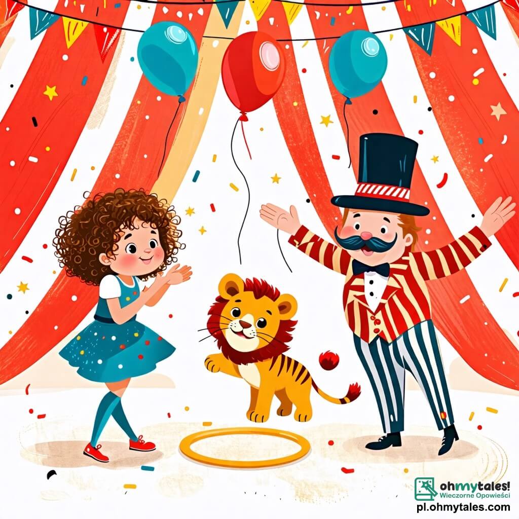 Une illustration sous forme de dessin destinée aux enfants représentant une scène colorée et joyeuse d'un cirque, avec une petite fille de 2 ans aux cheveux bouclés et aux yeux pétillants, applaudissant avec enthousiasme alors qu'un lionceau mignon, ressemblant à un petit chat, saute à travers un cerceau doré, tandis qu'un homme amusant avec un grand chapeau et une moustache rigolote, habillé d'un costume à rayures, sourit et encourage le lionceau, le tout sous un chapiteau rayé rouge et blanc, entouré de ballons et de confettis.