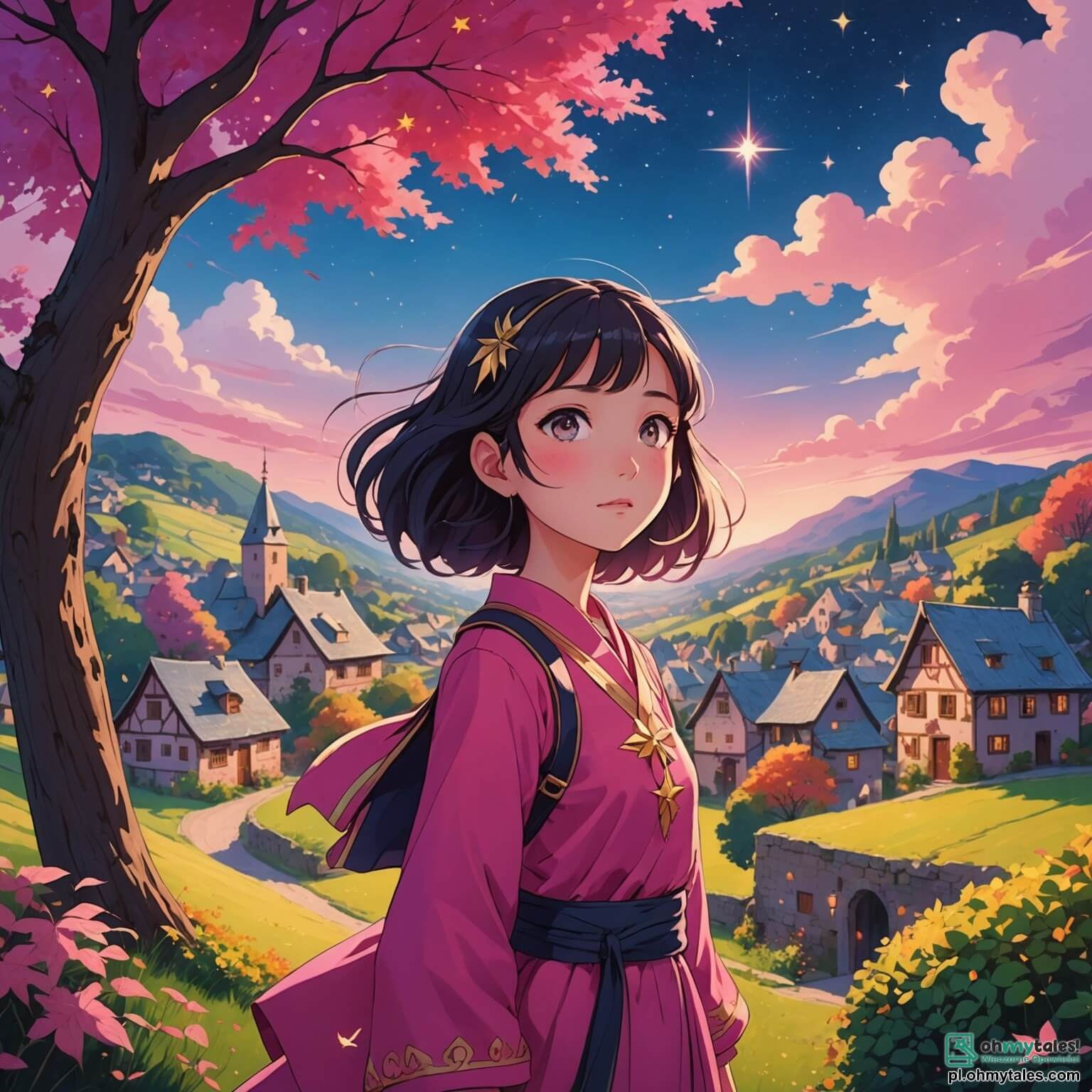 Une illustration destinée aux enfants représentant une femme aux yeux scintillants comme des étoiles et à la peau lumineuse, flottant gracieusement dans un ciel d’un rose éclatant au-dessus d’un mignon petit village nommé Astralonia, où les arbres aux feuilles multicolores dansent au rythme du vent, alors qu’elle se prépare à affronter un sombre personnage masculin, le Cœur de l’Ombre, qui menace de plonger son monde enchanteur dans une obscurité éternelle, tout en étant entourée de son ami fidèle, un policier au grand cœur, qui l’encourage avec bravoure et détermination.