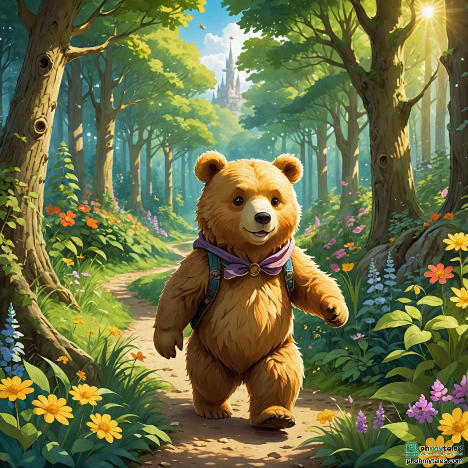 Une illustration destinée aux enfants représentant un ours au pelage doré, aux yeux pétillants de curiosité, se promenant joyeusement dans une forêt enchantée où les rayons du soleil filtrent à travers les feuillages denses, illuminant des fleurs colorées qui dansent au gré du vent, tandis qu'un petit lapin espiègle aux grandes oreilles bondit à ses côtés, tous deux en quête d'aventures et de découvertes magiques au cœur de ce royaume naturel, où les chants des oiseaux et le murmure d'un ruisseau cristallin créent une mélodie apaisante.