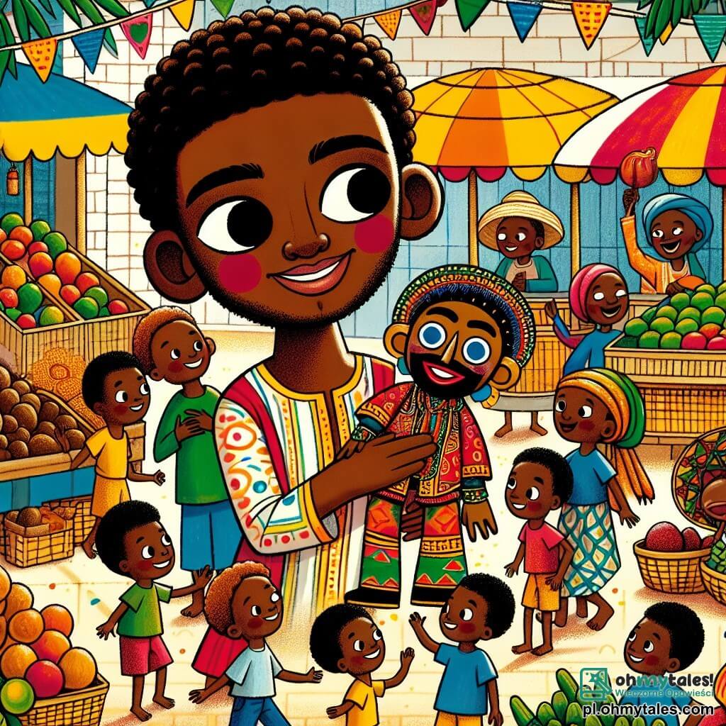 Une illustration sous forme de dessin destinée aux enfants représentant un vibrant marché africain en pleine effervescence, avec un jeune homme aux cheveux crépus et au sourire chaleureux, tenant une marionette en bois nommée Amani, entouré de filles et de garçons aux vêtements colorés qui dansent et chantent joyeusement, tandis que des étals de fruits exotiques et d'artisanat local ajoutent des touches de couleur à la scène, symbolisant l'unité et la célébration de la diversité culturelle.