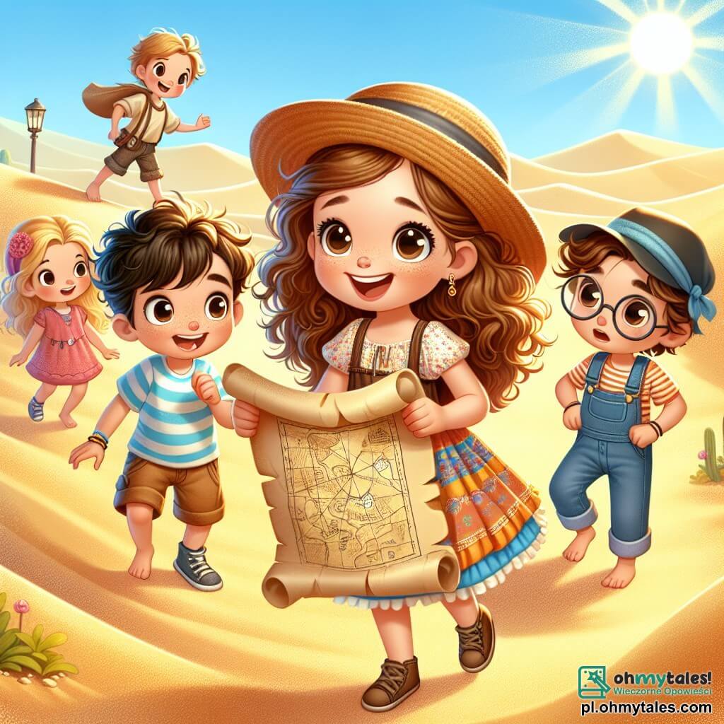 Une illustration sous forme de dessin destinée aux enfants représentant une vaste et ensoleillée pustynie parsemée de dunes dorées, où une petite fille de 5 ans aux cheveux bouclés et aux yeux pétillants, vêtue d'une robe colorée et d'un chapeau de paille, tient une vieille carte au trésor avec un grand sourire d'excitation, tandis que ses trois amis, un garçon aux cheveux bruns portant un t-shirt rayé, une fille aux cheveux longs et blonds en salopette, et un garçon aux lunettes et à la casquette, l'observent avec curiosité, tous prêts à partir à l'aventure pour découvrir le mystérieux trésor caché.