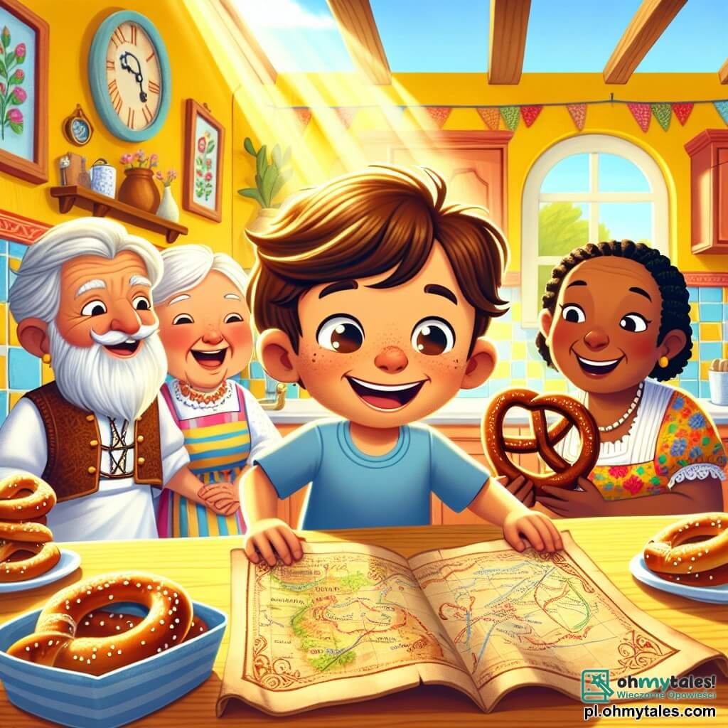 Une illustration sous forme de dessin destinée aux enfants représentant une cuisine chaleureuse et colorée, avec des murs peints en jaune et des fenêtres laissant entrer la lumière du soleil, où un garçon de 5 ans aux cheveux bruns et aux yeux pétillants, vêtu d'un t-shirt bleu, tient une vieille carte au trésor avec un grand sourire, tandis qu'autour de lui se tiennent sa grand-mère hispanique aux cheveux argentés et à la robe fleurie, son grand-père allemand portant un tablier et tenant un précel, et sa tante africaine dans une robe colorée, tous riant et partageant des histoires sur la diversité, illustrant ainsi l'idée que le véritable trésor réside dans l'amour et l'unité de leur famille.