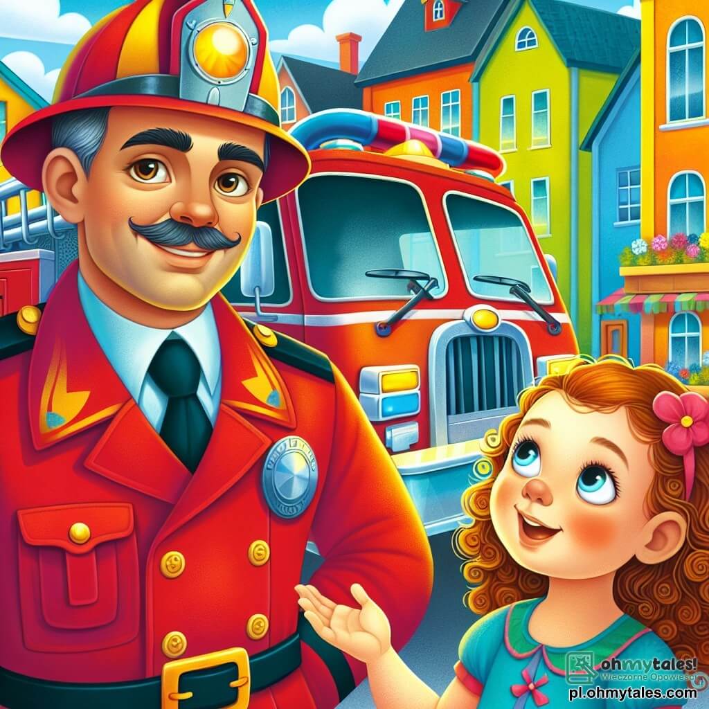 Une illustration destinée aux enfants représentant un homme au regard déterminé, vêtu d'un uniforme rouge éclatant et d'un casque brillant, se tenant fièrement devant un grand camion de pompiers aux couleurs vives, tandis qu'une petite fille aux cheveux bouclés et aux yeux pétillants, pleine d'enthousiasme, l'écoute attentivement dans une charmante petite ville aux maisons colorées, où les fleurs multicolores bordent les trottoirs et les rires des enfants résonnent dans l'air ensoleillé.