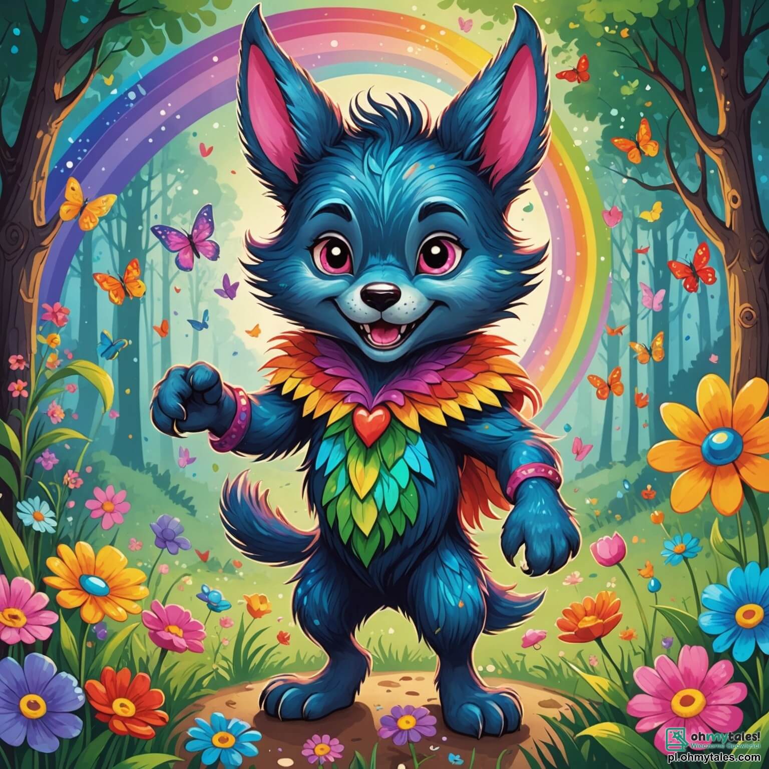 Une illustration destinée aux enfants représentant un loup-garou aux poils chatoyants comme un arc-en-ciel, avec un sourire espiègle et des yeux pétillants de malice, se trouvant au cœur d'une Tęczowa Dolina enchantée, où des fleurs multicolores dansent au rythme du vent et où des oiseaux chantent des mélodies joyeuses, tandis qu'une petite lapine rose aux grandes oreilles, pleine de curiosité, l'encourage à organiser une fête pour tous les habitants de cette vallée magique.
