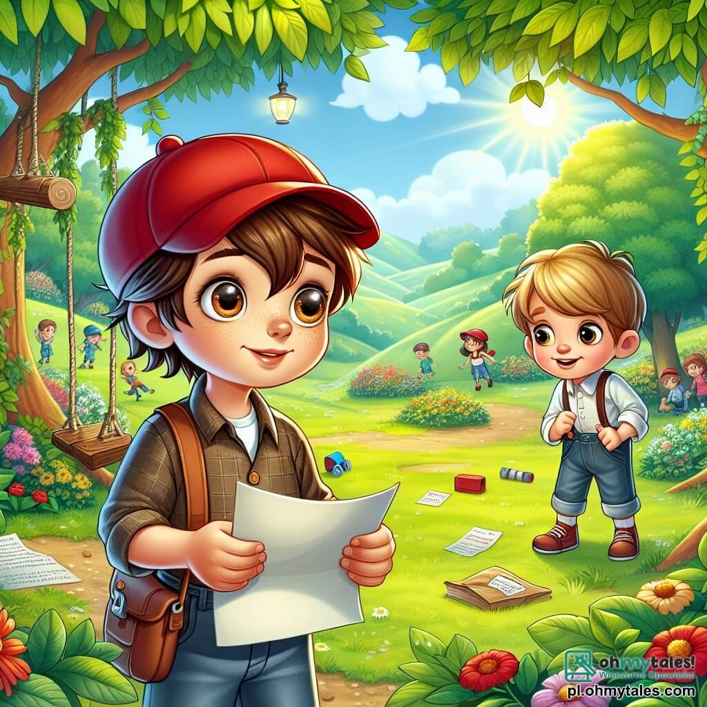 Illustration destinée aux enfants représentant un parc ensoleillé de Zielona Dolina, avec des arbres verdoyants, des fleurs colorées et une grande aire de jeux où des enfants s'amusent. Au premier plan, un garçon de 7 ans, avec des cheveux bruns en bataille et des yeux pétillants de curiosité, porte une casquette rouge et tient un morceau de papier dans ses mains, l'air déterminé. À ses côtés, un autre garçon un peu plus âgé, avec des cheveux blonds et un sourire malicieux, observe attentivement la scène, prêt à aider son ami dans leur enquête. Ils se tiennent près d'une huśtawka, où une mystérieuse note a été accrochée, entourés de jouets éparpillés et d'autres enfants qui jouent, créant une atmosphère d'excitation et de mystère.