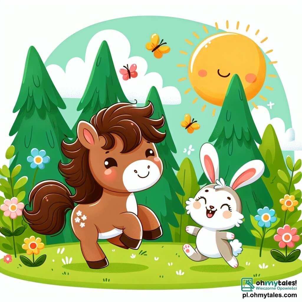 Une illustration sous forme de dessin destinée aux enfants représentant une clairière ensoleillée dans une forêt verdoyante, où un joyeux petit poney au pelage brun et à la crinière ondulée danse en tournoyant sur ses pattes, entouré d'un espiègle lapin aux grandes oreilles et au pelage blanc qui saute de joie, tandis qu'ils rient ensemble, créant une atmosphère ludique et pleine de vie, avec des fleurs colorées et des papillons virevoltant autour d'eux.