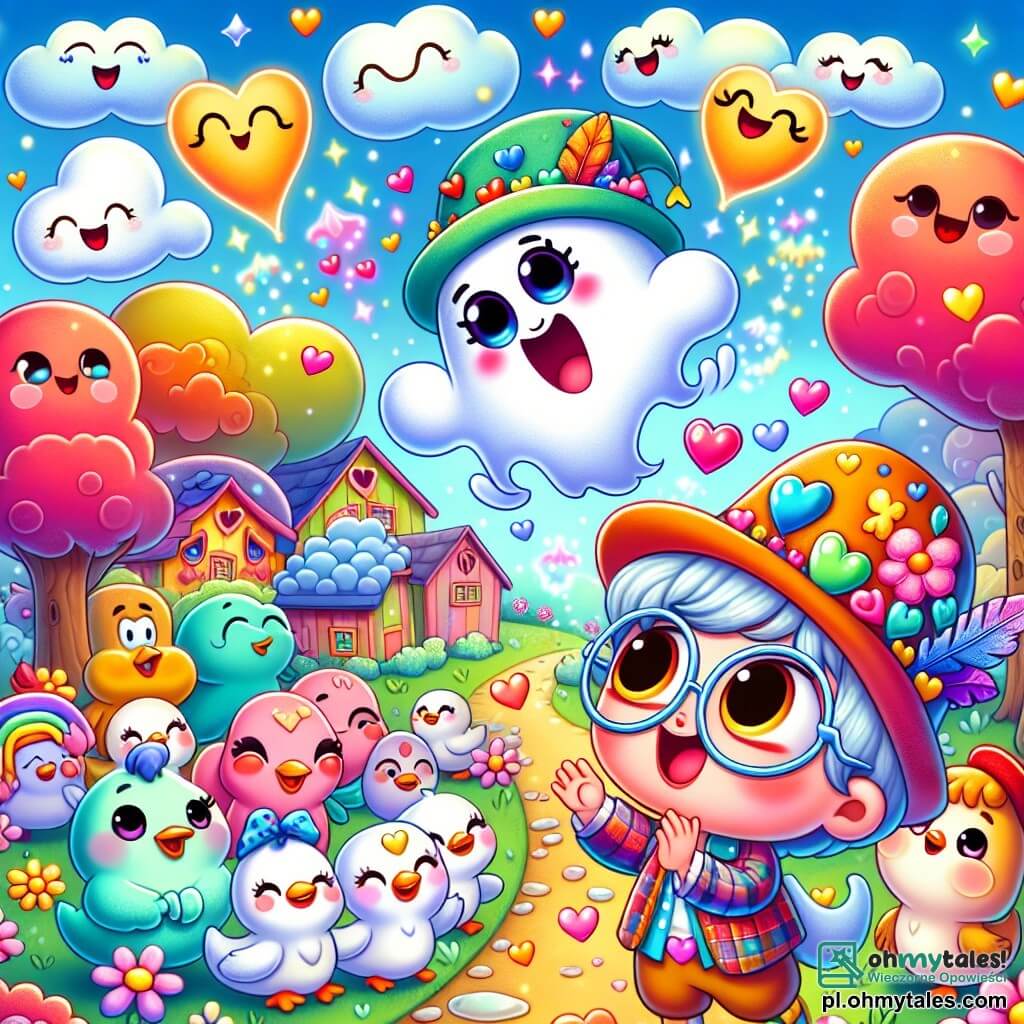 Une illustration sous forme de dessin destinée aux enfants représentant une scène magique dans un mignon miasteczko coloré avec des arbres en forme de cœur et des nuages dansants, où un petit fantôme joyeux aux grands yeux brillants et portant un chapeau à plumes colorées danse avec enthousiasme, tandis qu'un jeune garçon aux cheveux en arc-en-ciel et des lunettes rondes sourit et applaudit, entouré de canards souriants et d'un joyeux faon, tous célébrant ensemble la victoire sur un esprit triste, avec des éclats de lumière et des rires flottant dans l'air.