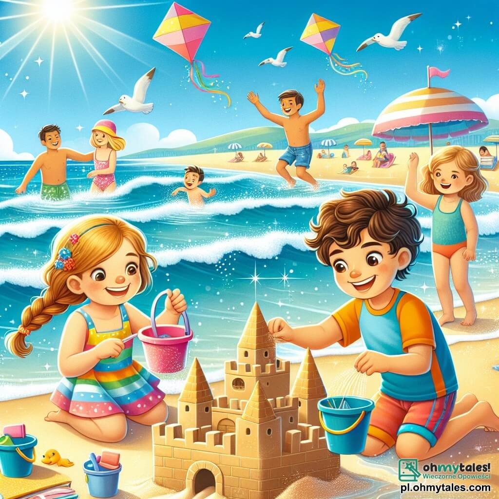 Une illustration sous forme de dessin destinée aux enfants représentant une plage ensoleillée avec des vagues scintillantes, où un garçon de 9 ans aux cheveux bruns et bouclés, portant un maillot de bain coloré, s'amuse à construire un grand château de sable, entouré de deux enfants : une fille aux cheveux blonds tressés qui tient une jolie muschelke rose et un garçon aux cheveux châtains qui rit en ajoutant des seaux de sable, tandis qu'en arrière-plan, des familles profitent du soleil et des cerfs-volants dansent dans le ciel bleu.