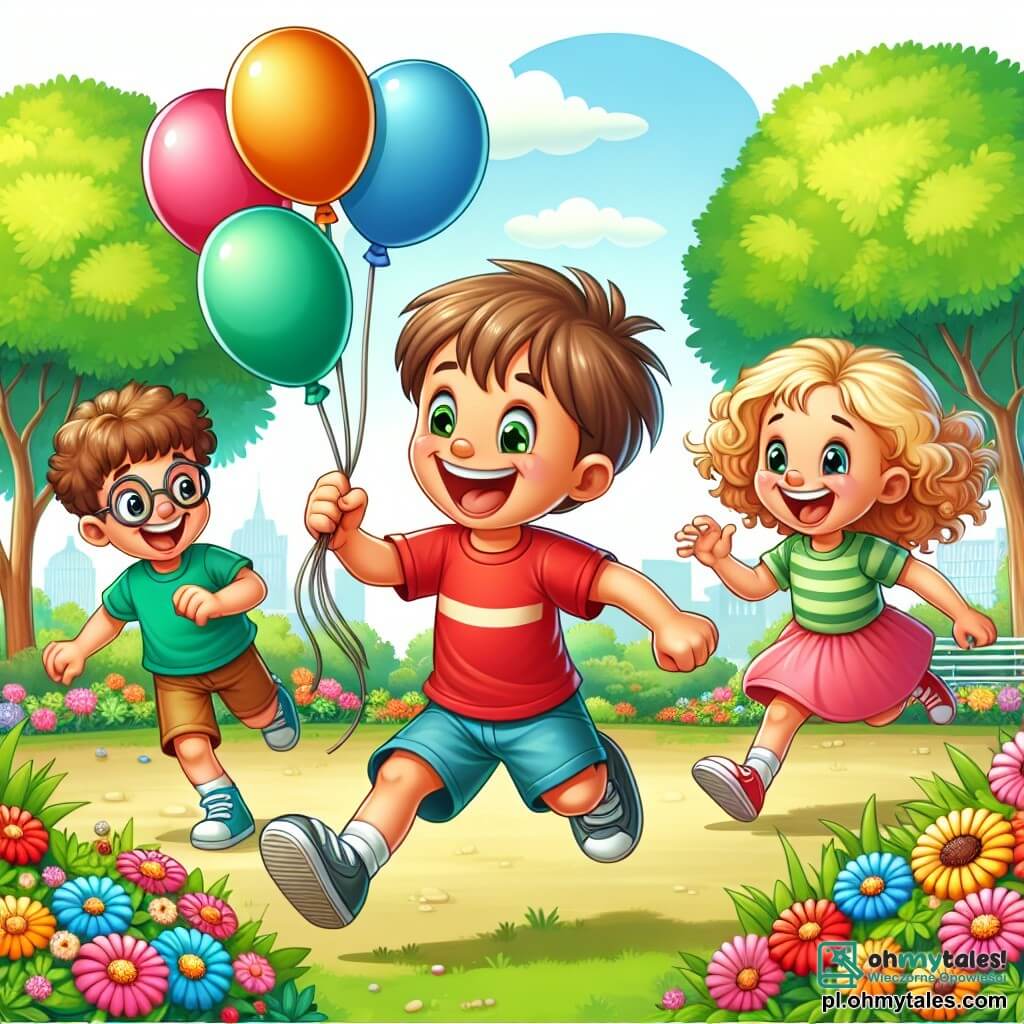 Une illustration sous forme de dessin destinée aux enfants représentant un parc ensoleillé avec des arbres verdoyants et des fleurs colorées, où un garçon de 7 ans aux cheveux bruns en bataille, portant un t-shirt rouge et un short bleu, saute joyeusement avec des balons attachés à ses jambes, tandis qu'une fille aux cheveux blonds et bouclés, vêtue d'une robe rose, rit en essayant de le rattraper, et un garçon plus âgé aux lunettes et aux cheveux châtains, habillé d'un t-shirt vert, les observe en riant, alors qu'ils s'apprêtent à vivre une aventure hilarante en volant dans les airs grâce à leurs balons.