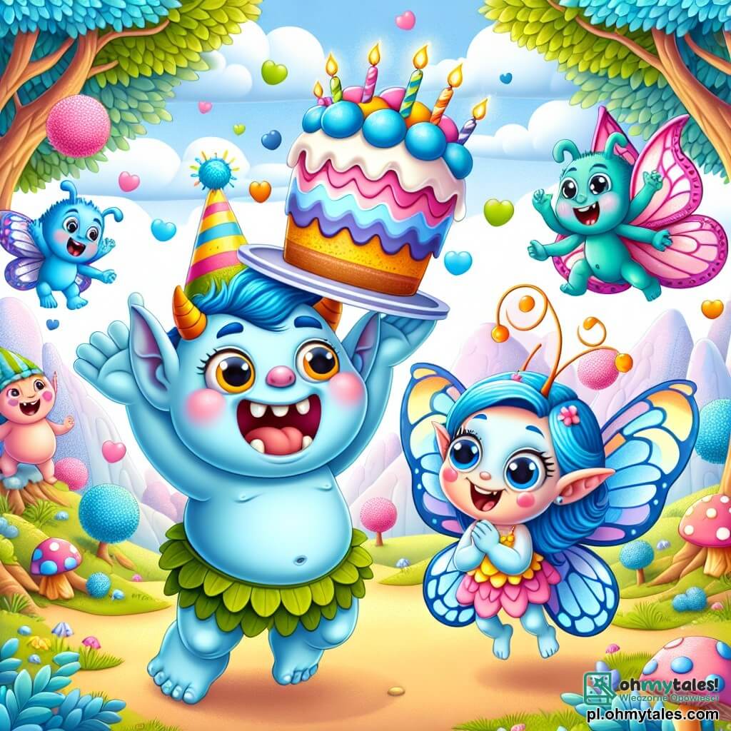Une illustration sous forme de dessin destinée aux enfants représentant une scène joyeuse dans un royaume féerique avec des arbres aux feuilles bleues et des nuages roses, où un petit ogre au visage rond et souriant, avec de grands yeux et deux dents proéminentes, est en train de sauter de joie en tenant un grand gâteau coloré, tandis qu'à ses côtés, un petit être bleu aux ailes de papillon, avec de grands yeux ronds, applaudit et rit, alors qu'ils célèbrent une fête pleine de rires et de jeux avec d'autres créatures rigolotes qui dansent autour d'eux, créant une ambiance festive et enchantée.