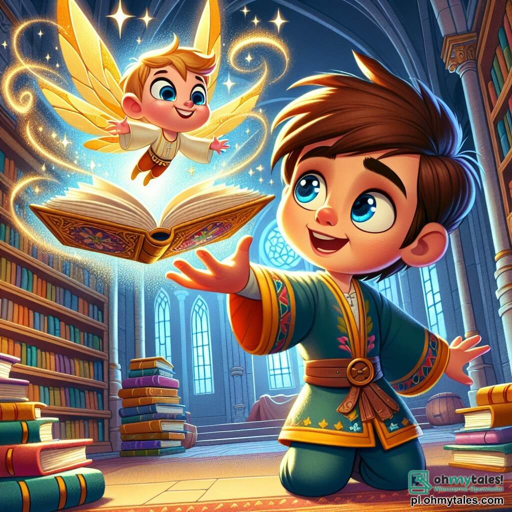 Une illustration sous forme de dessin destinée aux enfants représentant une bibliothèque magique aux murs scintillants, remplie de livres flottants, où un garçon de 5 ans aux yeux bleus brillants et aux cheveux châtains, vêtu d'une tunique colorée, tend la main vers une grande Księga dorée qui flotte dans les airs, tandis qu'un petit être ailé, ressemblant à un papillon avec un sourire chaleureux, l'encourage avec enthousiasme, capturant l'instant où le garçon découvre la magie qui l'entoure.