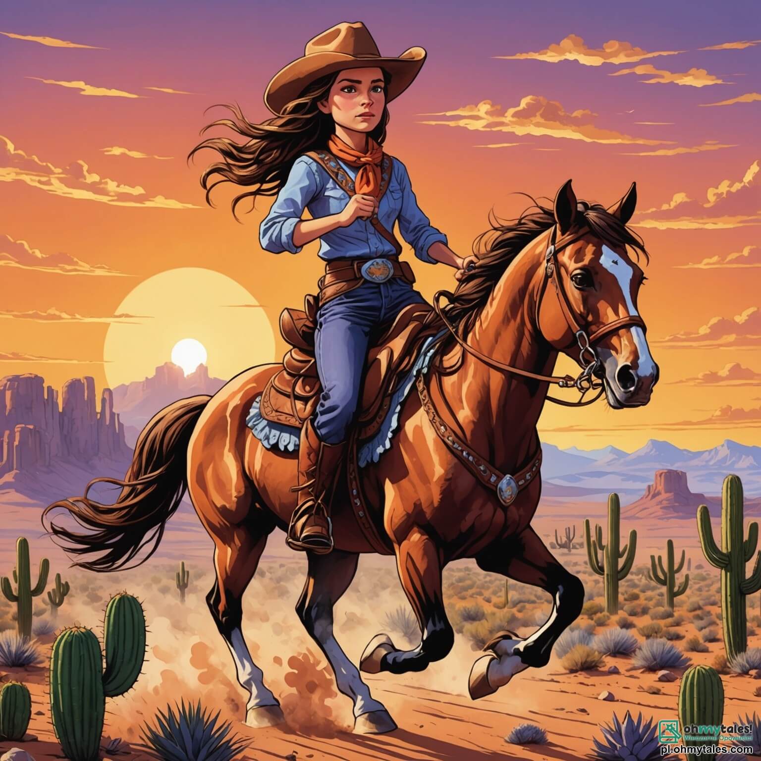 Une illustration destinée aux enfants représentant une jeune cow-girl intrépide aux longs cheveux bruns tressés, aux yeux pétillants de curiosité, chevauchant un cheval au galop à travers un vaste paysage du Far West, où le soleil couchant embrase le ciel de teintes orangées et violettes, tandis que des cactus géants se dressent fièrement sur le sol aride, et où elle se dirige avec détermination vers un saloon animé, où des hommes en chapeaux de cowboy et des femmes en robes colorées se rassemblent pour discuter et jouer aux cartes, tandis qu'un mystérieux cowboy au visage buriné et à l'air mélancolique, qui vient d'arriver en ville, observe la scène avec un mélange d'appréhension et d'espoir, prêt à changer le cours de son destin grâce à la bravoure et à l'amitié de cette jeune fille audacieuse.