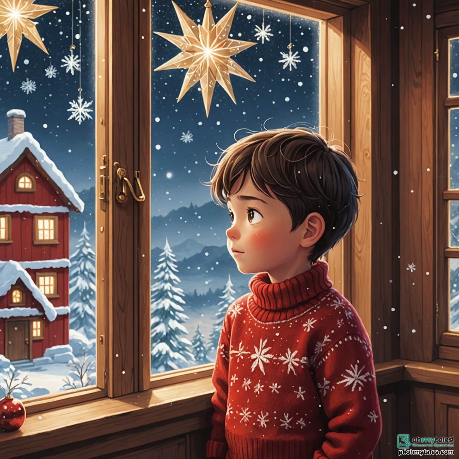 Une illustration destinée aux enfants représentant un petit garçon aux yeux pétillants de curiosité, vêtu d'un pull rouge tricoté à la main, qui se tient devant une fenêtre embuée par le froid hivernal, observant avec émerveillement les flocons de neige tourbillonnant dans l'air, alors qu'à l'intérieur de la chaleureuse maison en bois, décorée de guirlandes scintillantes et d'une grande étoile dorée suspendue au plafond, sa maman, une femme douce au sourire réconfortant, prépare des biscuits de Noël dans une cuisine aux murs peints en bleu pastel, remplie de l'odeur sucrée des épices, tandis que sa meilleure amie, une petite fille aux cheveux bouclés et aux joues roses, l'accompagne avec enthousiasme, rêvant ensemble de l'arrivée imminente du Père Noël, promettant des surprises et des rires dans cette ambiance festive et magique.
