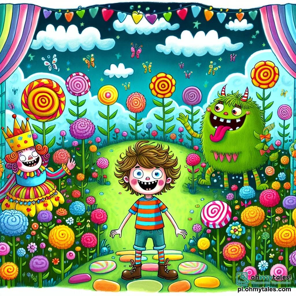 Une illustration destinée aux enfants représentant un garçon espiègle aux cheveux en bataille, vêtu d'une chemise à rayures colorées et d'un short en jean, se tenant au milieu d'un jardin enchanté où des fleurs dansent et chantent sous un ciel d'azur parsemé de nuages en forme de bonbons, tandis qu'il s'apprête à vivre une aventure hilarante avec une reine des fleurs pétillante et joyeuse, ainsi qu'un petit monstre vert au grand sourire, tous deux l'invitant à découvrir les secrets magiques de cet endroit féerique, où chaque coin est rempli de couleurs éclatantes, de senteurs sucrées et de créatures fantastiques qui semblent tout droit sorties d'un rêve.