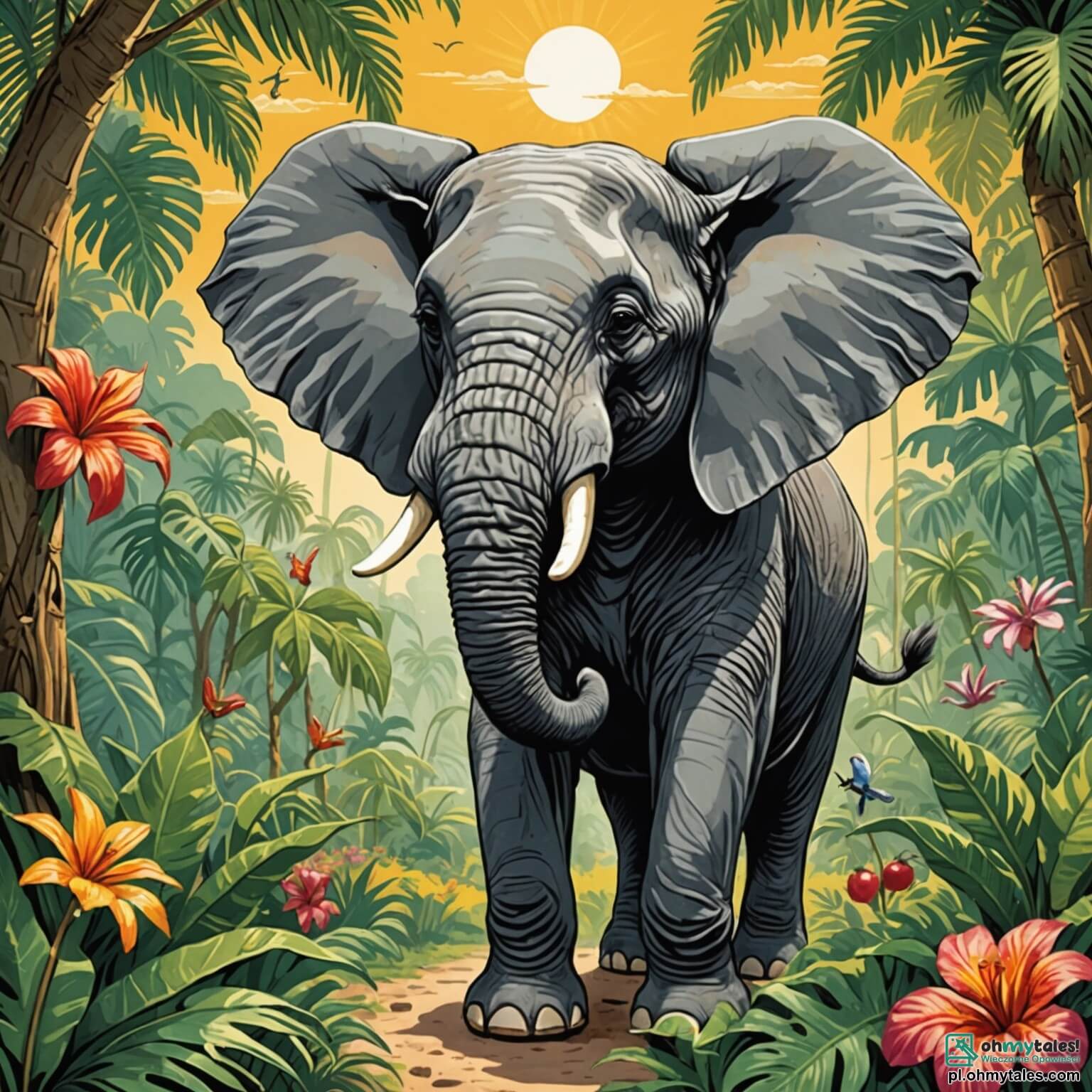 Une illustration destinée aux enfants représentant un majestueux éléphant à la peau grise et ridée, dont les grandes oreilles flottent comme des voiles au gré du vent chaud, se tenant fièrement au cœur d'une d jungle luxuriante, où les rayons du soleil filtrent à travers un feuillage dense de palmiers et de lianes, illuminant des fleurs éclatantes de couleurs vives et des fruits juteux pendants des branches, alors qu'il observe avec bienveillance ses amis, une petite maïzette espiègle et une sage tortue, qui s'inquiètent de l'absence de nourriture dans leur habitat, les incitant à se lancer ensemble dans une quête palpitante pour restaurer la vie et la joie au sein de leur royaume verdoyant.