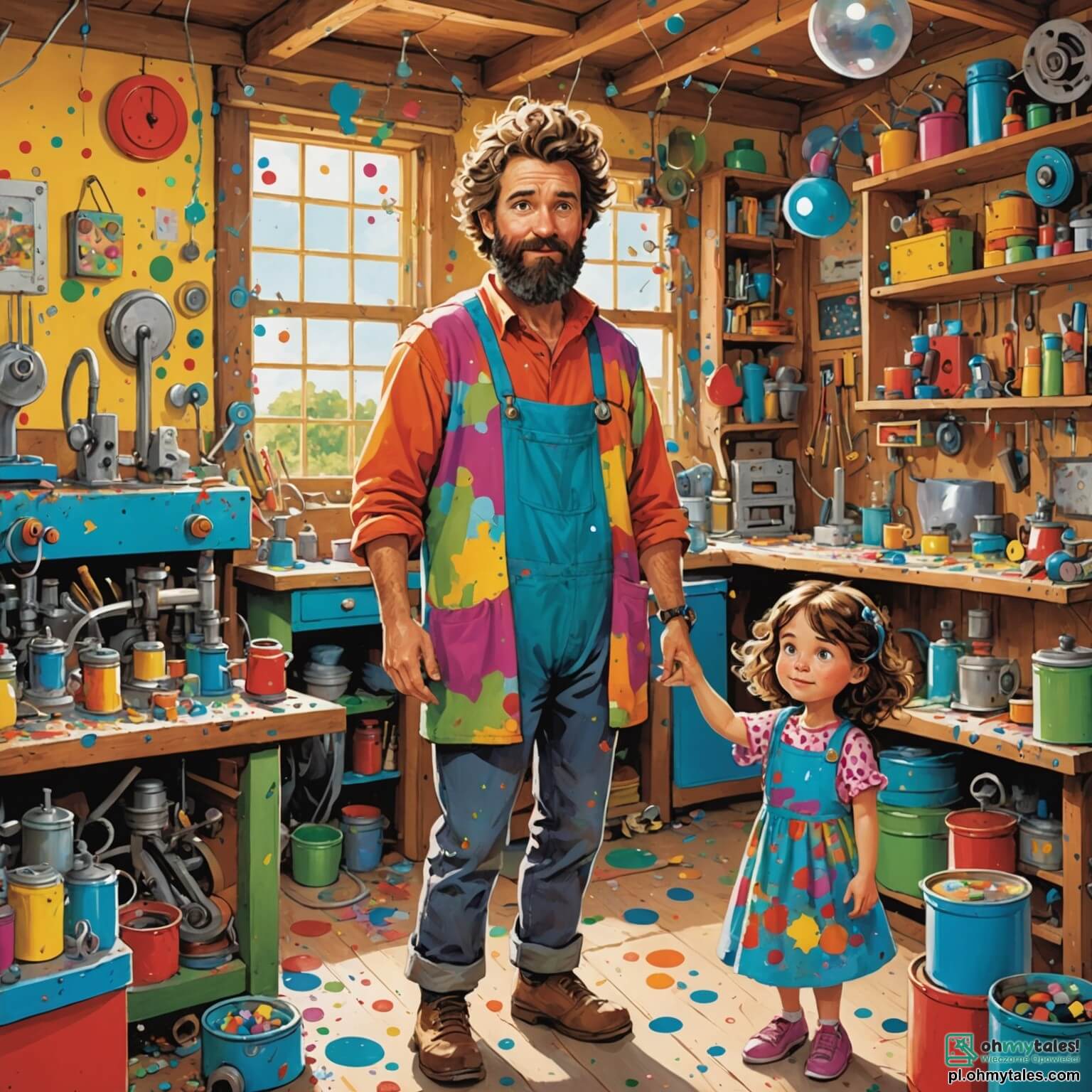 Une illustration destinée aux enfants représentant un homme à la chevelure ébouriffée et à la barbe hirsute, vêtu d'une blouse colorée pleine de taches de peinture, qui se tient dans son atelier débordant de machines farfelues aux couleurs vives et aux engrenages scintillants, tandis qu'une petite fille aux yeux pétillants et à la robe à pois observe avec émerveillement son invention loufoque, le tout se déroulant dans une pièce ensoleillée, remplie de livres, de croquis accrochés aux murs et d'outils éparpillés sur un grand établi en bois.