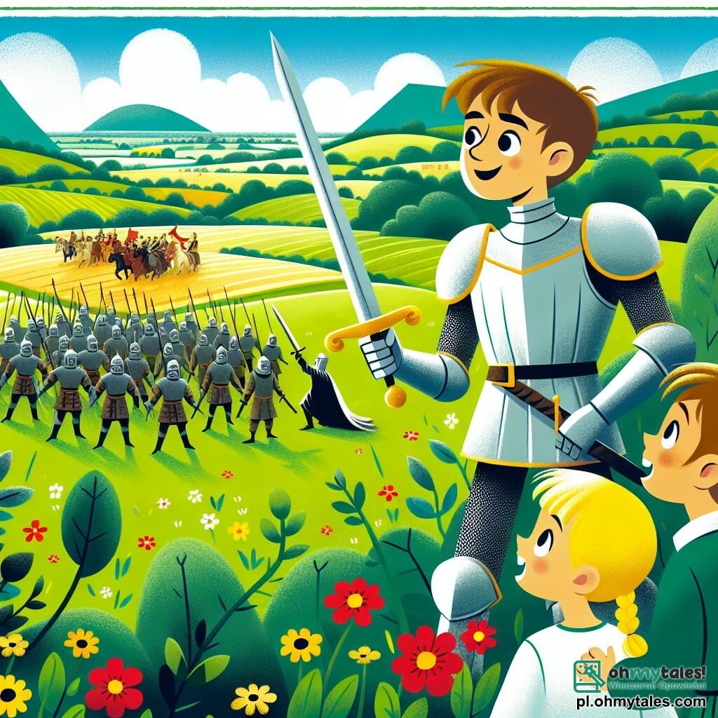 Une illustration sous forme de dessin destinée aux enfants représentant un vaste champ verdoyant, parsemé de fleurs colorées, où un courageux chevalier aux cheveux bruns et à la peau claire, portant une armure étincelante et brandissant un épée, se tient fermement face à un groupe de soldats menaçants, tandis qu'un jeune garçon aux yeux pétillants et une fillette aux cheveux blonds, vêtue d'une robe simple, observent la scène avec admiration et espoir, illustrant ainsi le moment décisif où le chevalier défend courageusement la liberté de la village contre l'oppression.