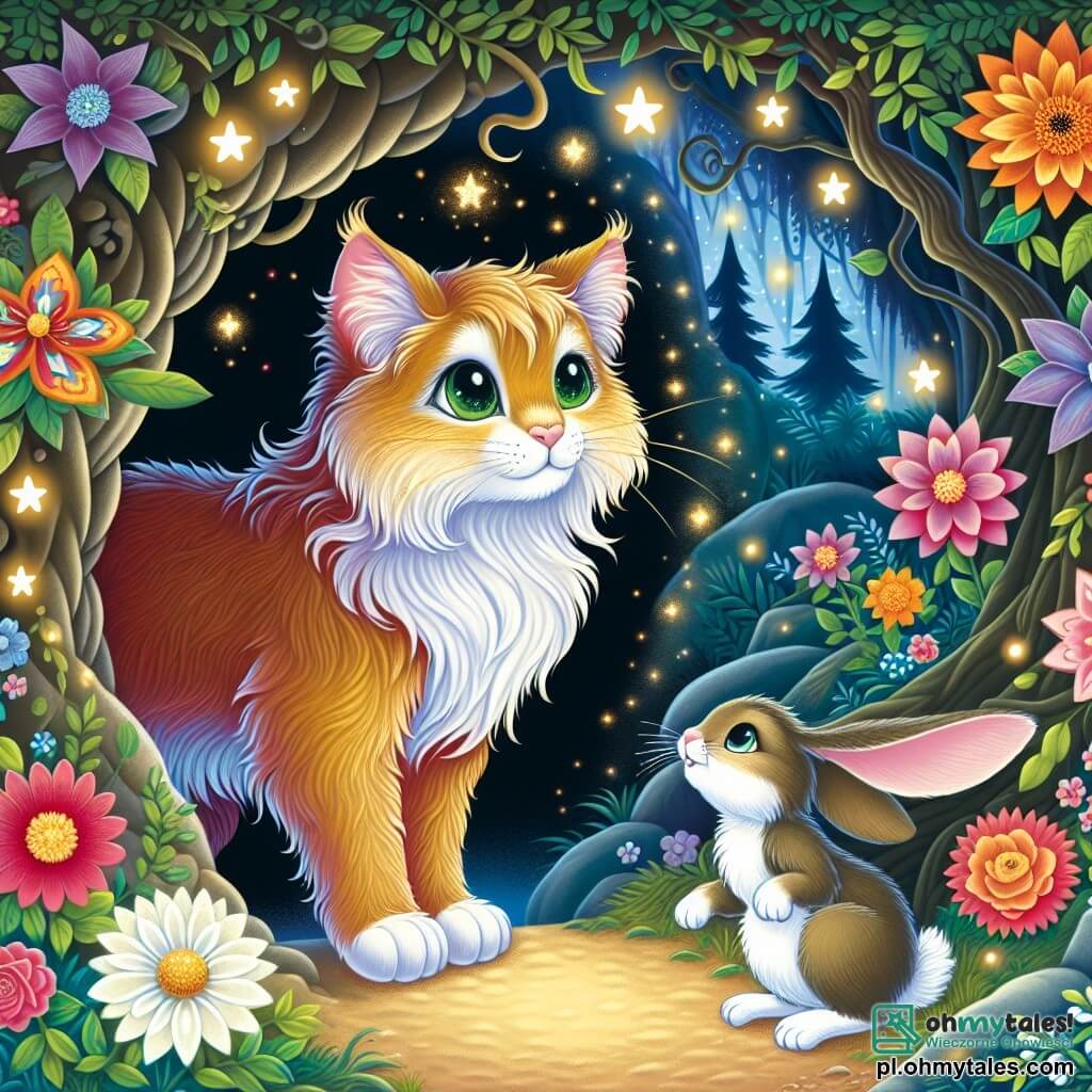 Une illustration sous forme de dessin destinée aux enfants représentant une scène magique dans un forêt enchantée, où un chat aux pelage doré et aux yeux verts brillants se tient courageusement devant une jaskinia sombre, tandis qu'un petit lapin aux grandes oreilles blanches l'observe avec admiration, et des fleurs colorées dansent autour d'eux, symbolisant l'espoir et la magie, alors qu'ils se préparent à affronter une sorcière maléfique pour sauver la magie du jardin.