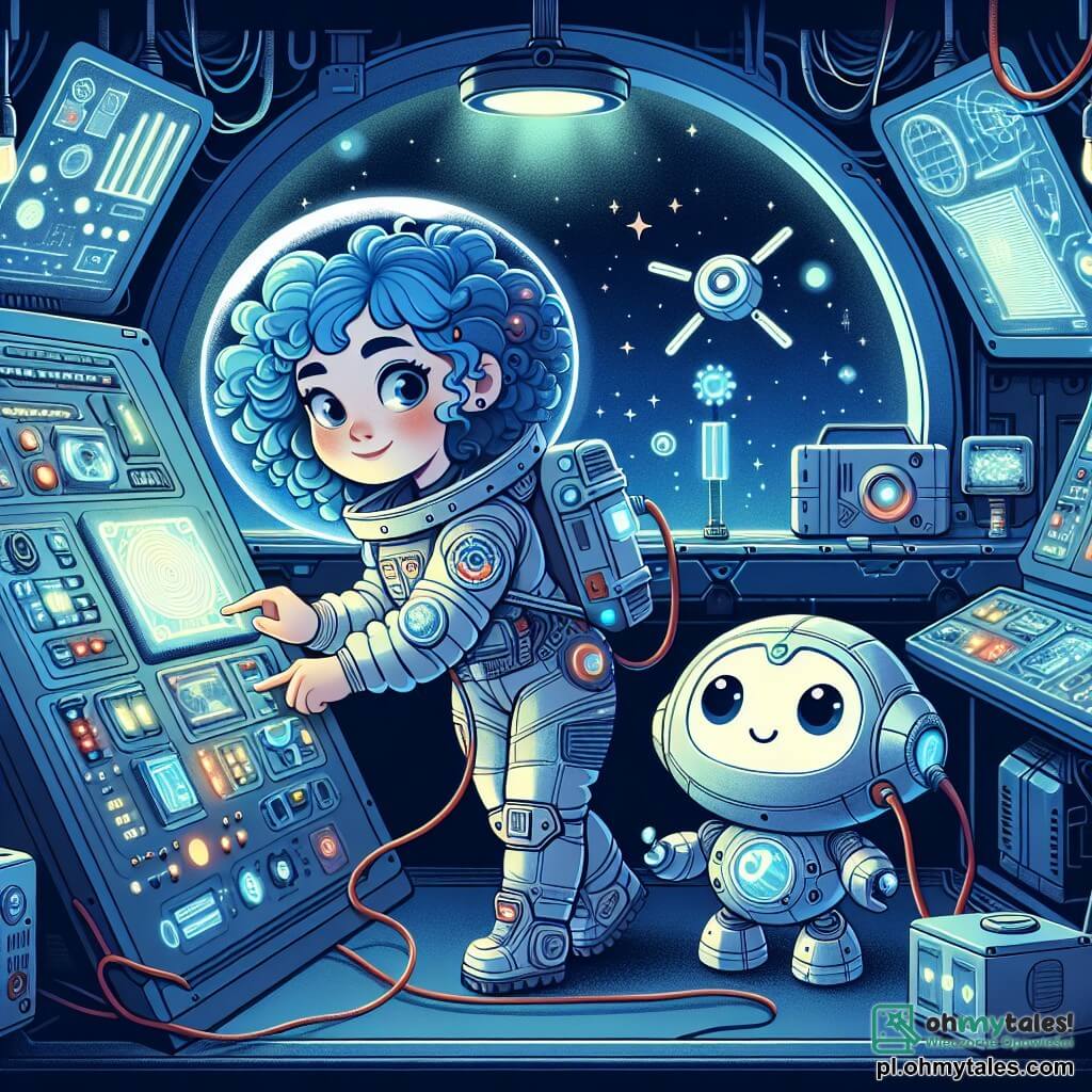 Une illustration sous forme de dessin destinée aux enfants représentant l'intérieur d'une station spatiale futuriste, avec des panneaux de contrôle lumineux et des écrans holographiques, où une jeune femme aux longs cheveux bouclés de couleur bleue, vêtue d'une combinaison spatiale brillante, est en train de réparer un générateur, tandis qu'un petit robot rond, aux yeux expressifs et au corps métallique, l'observe avec curiosité, le tout dans une ambiance de coopération et d'aventure spatiale.
