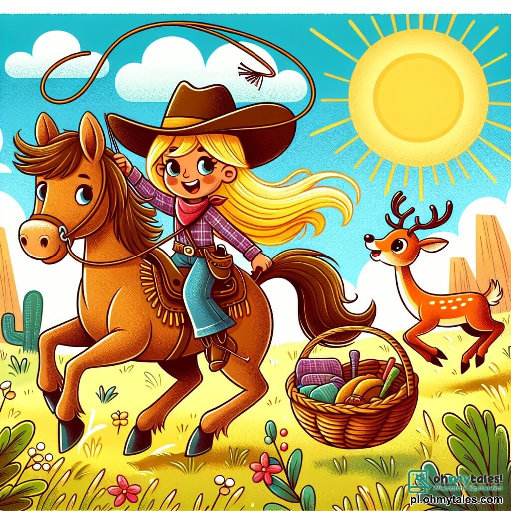Une illustration sous forme de dessin destinée aux enfants représentant une prairie ensoleillée du Far West, avec une courageuse cow-boyette aux longs cheveux dorés, portant un grand chapeau de cowboy et brandissant un lasso, entourée de son petit cheval brun nommé Kiki, qui regarde avec curiosité, et d'un cérf rouge vif qui saute joyeusement dans l'herbe, alors qu'ils font face à un bandit fuyant, laissant derrière lui un panier rempli de nourriture volée, symbolisant l'esprit d'aventure et d'amitié qui les unit dans leur quête pour protéger leur communauté.