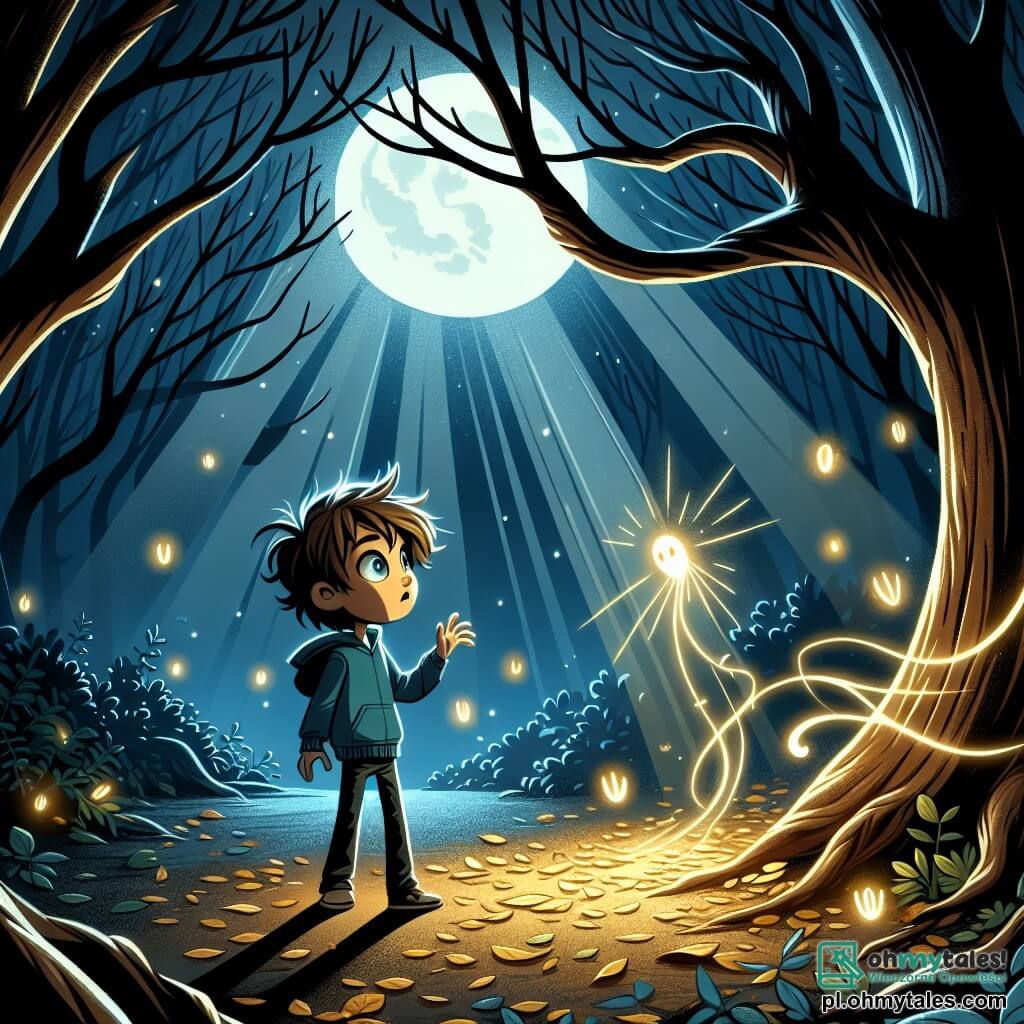 Ilustracja przedstawiająca magiczną scenę w zaczarowanym lesie, gdzie światło księżyca przenika przez gałęzie drzew, tworząc tańczące cienie na pokrytej liśćmi ziemi. W centrum stoi 11-letni chłopiec z rozczochranymi brązowymi włosami i oczami pełnymi ciekawości, z mieszanką zachwytu i obaw. Ma na sobie niebieską bluzę z kapturem i dżinsy, a z fascynacją obserwuje małe świecące stworzenie, lumignon, które unosi się przed nim, oświetlając jego twarz delikatnym złotym blaskiem. W pobliżu grupa świetlików migocze w powietrzu, dodając magii nocnej scenerii. Chłopiec wyciąga rękę w stronę lumignona, gotowy, by go złapać, podczas gdy lekki wietrzyk porusza liśćmi wokół niego. Główna sytuacja ukazuje moment, w którym chłopiec przezwycięża swój strach przed ciemnością, odkrywając ukrytą piękność nocy, z błyszczącymi gwiazdami nad głową i przyjaznymi cieniami wokół.