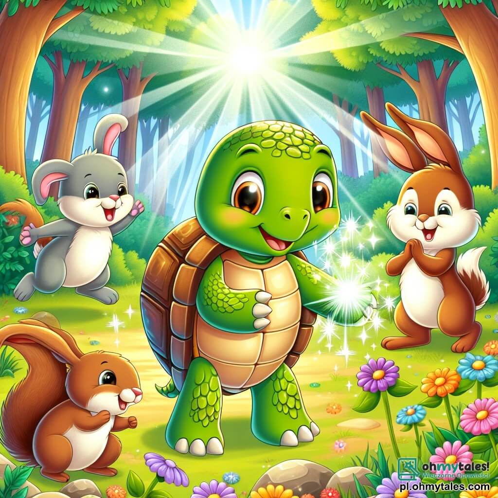 Une illustration sous forme de dessin destinée aux enfants représentant une charmante scène dans une petite clairière ensoleillée de la forêt, où une tortue au pancer brun luisant et aux yeux pétillants se tient debout sur ses pattes arrière, en train de sourire joyeusement tout en tenant une magnifique et brillante fruit magique dans ses pattes avant, entourée de ses amis : un énergique lapin aux grandes oreilles blanches qui saute de joie et une petite écureuil aux poils roux qui applaudit, tous deux célébrant la découverte d'un trésor enchanté qui exauce des vœux, avec des fleurs colorées et des rayons de soleil illuminant la scène.