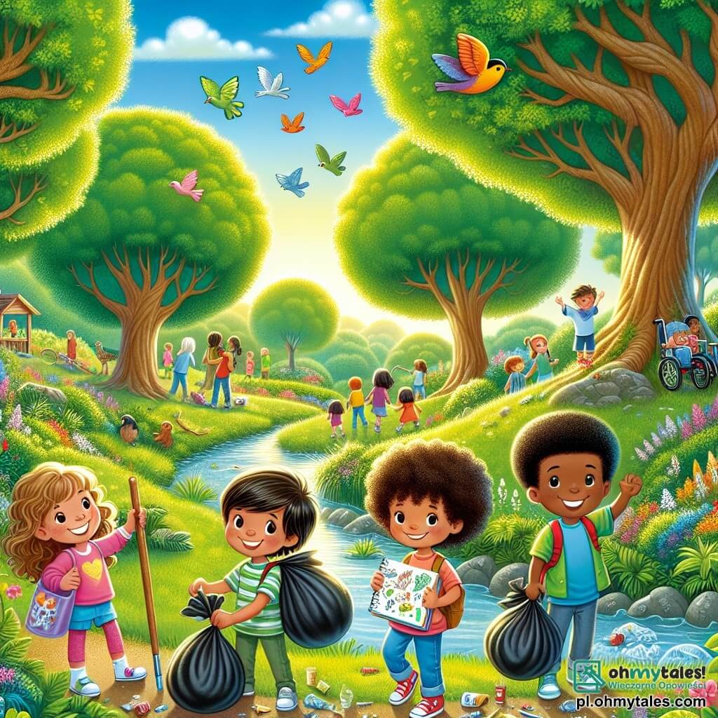 Ilustracja przedstawiająca zielony park, oświetlony złotym światłem zachodzącego słońca. Majestatyczne drzewa z jaskrawozielonymi liśćmi otaczają strumyk z krystalicznie czystą wodą, gdzie kolorowe kwiaty zdobią brzegi. Na pierwszym planie grupa czterech dzieci: dziewczynka z kręconymi blond włosami, mająca około 8 lat, uśmiechnięta i pełna energii, trzymająca worek na śmieci; chłopiec z krótkimi brązowymi włosami, mający około 9 lat, na wózku inwalidzkim, z szerokim uśmiechem, trzymający kolorowy plakat; dziewczynka z długimi kasztanowymi włosami, mająca 7 lat, skupiona, rysująca ptaki w swoim zeszycie; oraz chłopiec z czarnymi włosami, mający 10 lat, wspinający się na małe wzgórze, podnoszący ręce w geście zwycięstwa. Scena pokazuje dzieci zbierające śmieci, z pełnymi workami na śmieci u ich stóp, podczas gdy inne dzieci i dorośli dołączają do nich, tworząc atmosferę przyjaźni i zaangażowania w ochronę środowiska. Ptaki latają po niebieskim niebie, a kolorowe motyle tańczą wokół kwiatów, dodając magii temu pięknemu dniu sprzątania.