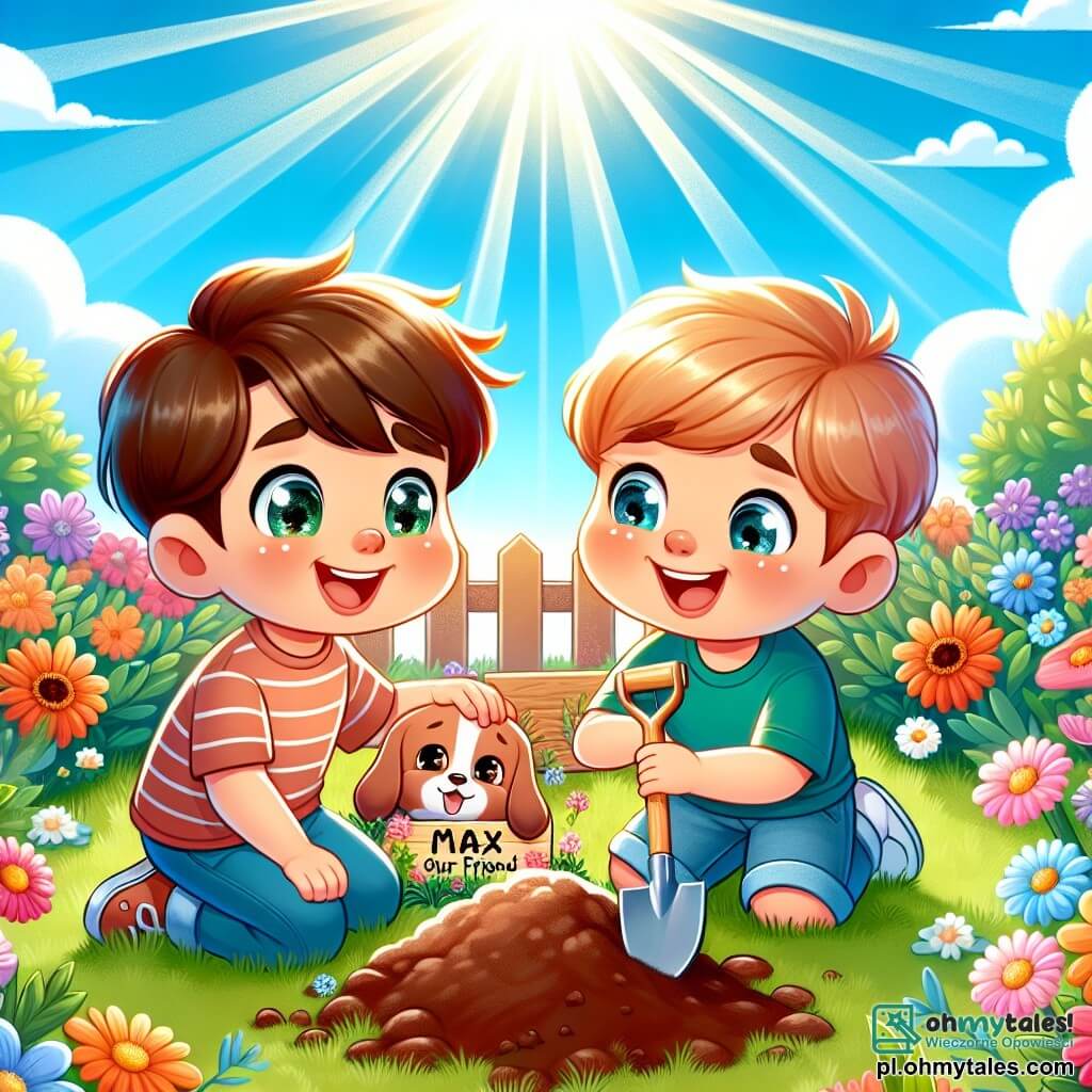 Une illustration sous forme de dessin destinée aux enfants représentant un jardin ensoleillé, rempli de fleurs colorées, où un garçon de 7 ans aux cheveux châtains et aux yeux pétillants, assis sur l'herbe, tient une petite pelle et un panneau en bois sur lequel est écrit "Max, notre ami", tandis qu'à ses côtés, un autre garçon de 7 ans aux cheveux blonds et souriant l'aide à planter des fleurs autour d'un petit monticule de terre, symbolisant un hommage tendre à leur chien décédé, avec des rayons de soleil illuminant la scène pour évoquer la chaleur des souvenirs et de l'amitié.