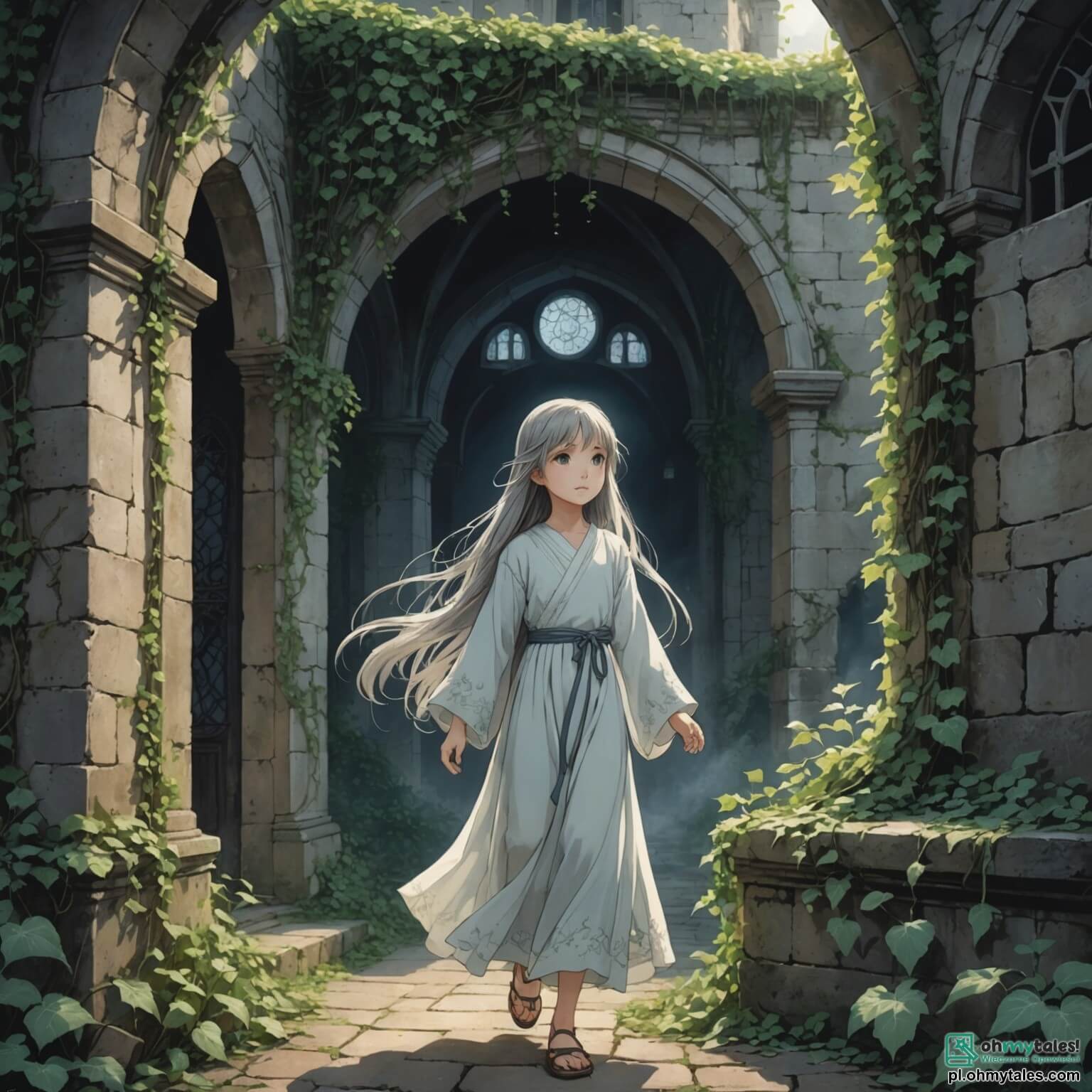 Une illustration destinée aux enfants représentant un fantôme éthéré, une fille aux longs cheveux flottants comme des filaments de brume, errant dans un vieux château en ruines, aux murs couverts de lierre et aux fenêtres brisées laissant passer des rayons de lune argentés, tandis qu'un jeune garçon curieux, vêtu d'une tunique en lin, s'aventure à ses côtés, émerveillé par les secrets cachés de ce lieu mystérieux.