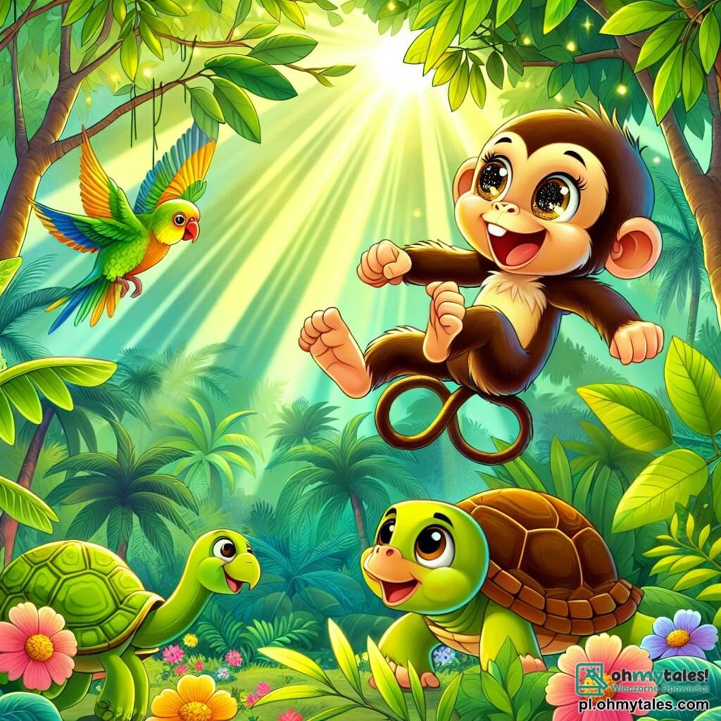 Une illustration destinée aux enfants représentant une petite singe espiègle aux yeux pétillants comme des étoiles scintillantes, sautillant joyeusement de branche en branche dans une densa jungle tropicale où les feuilles brillent d'un vert éclatant et où les rayons du soleil filtrent à travers le feuillage, créant des motifs dorés sur le sol tapissé de fleurs colorées, tandis qu'elle se lance dans une quête palpitante pour se faire de nouveaux amis, accompagnée d'un sage vieux tortue au pas lent et d'une joyeuse perruche aux plumes éclatantes, tous trois explorant ensemble ce monde vibrant rempli de mystères et de rires.