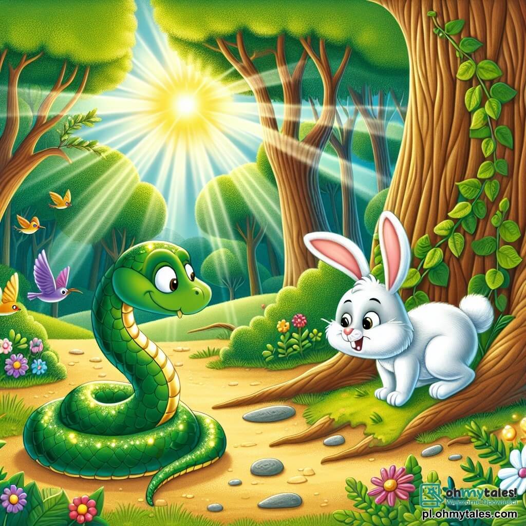Une illustration sous forme de dessin destinée aux enfants représentant une clairière ensoleillée dans une forêt verdoyante, où un petit serpent aux écailles vertes brillantes, enroulé autour d'une racine d'arbre, regarde avec curiosité un joyeux lapin au pelage blanc et aux grandes oreilles, qui saute autour de lui en lui montrant le chemin vers un mystérieux et scintillant trésor caché derrière un majestueux arbre, tandis que des fleurs colorées et des oiseaux chantants ajoutent une touche de magie à cette scène d'aventure amicale.