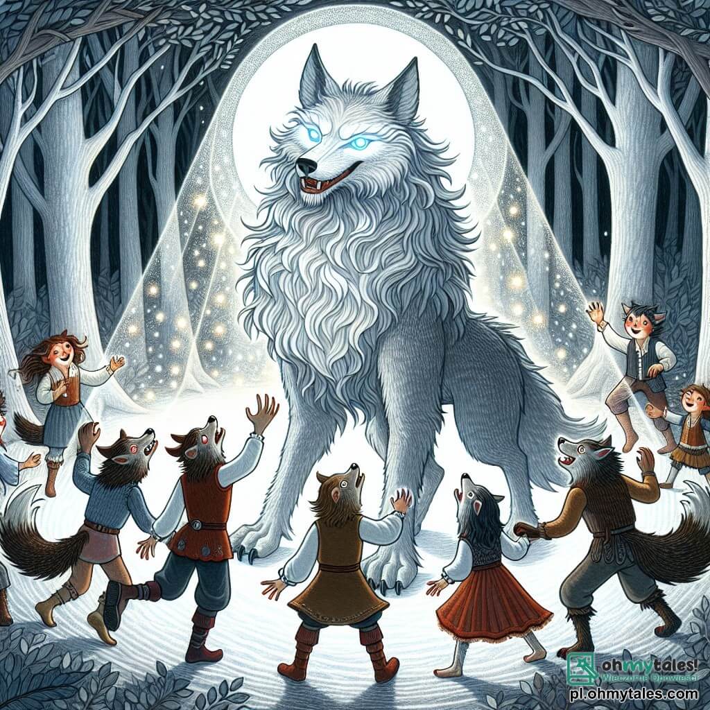 Une illustration sous forme de dessin destinée aux enfants représentant une clairière enchantée au cœur d'une forêt magique, baignée par la lumière argentée de la pleine lune, où un loup-garou majestueux, avec une fourrure argentée scintillante et des yeux brillants comme des diamants, se tient fier et protecteur, tandis qu'un groupe de jeunes wilkołaks aux pelages variés, avec des expressions joyeuses et curieuses, l'entoure en dansant et en jouant, tous célébrant leur amitié et leur victoire sur des ombres menaçantes qui s'éloignent dans la nuit, symbolisant l'unité et la magie de la nature.