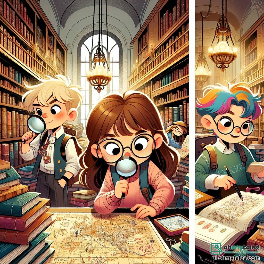 Une illustration sous forme de dessin destinée aux enfants représentant une scène dans une vieille bibliothèque remplie de livres anciens et de poussière, où une fille de 9 ans aux longs cheveux bruns et aux lunettes rondes, tenant une loupe, examine avec curiosité une carte mystérieuse, tandis qu'à ses côtés, un garçon aux cheveux blonds et aux lunettes, avec un carnet de notes, prend des notes, et une fille aux cheveux courts et colorés, tenant un crayon et un carnet de croquis, dessine des idées, tous trois concentrés sur la recherche d'indices pour résoudre une énigme captivante.